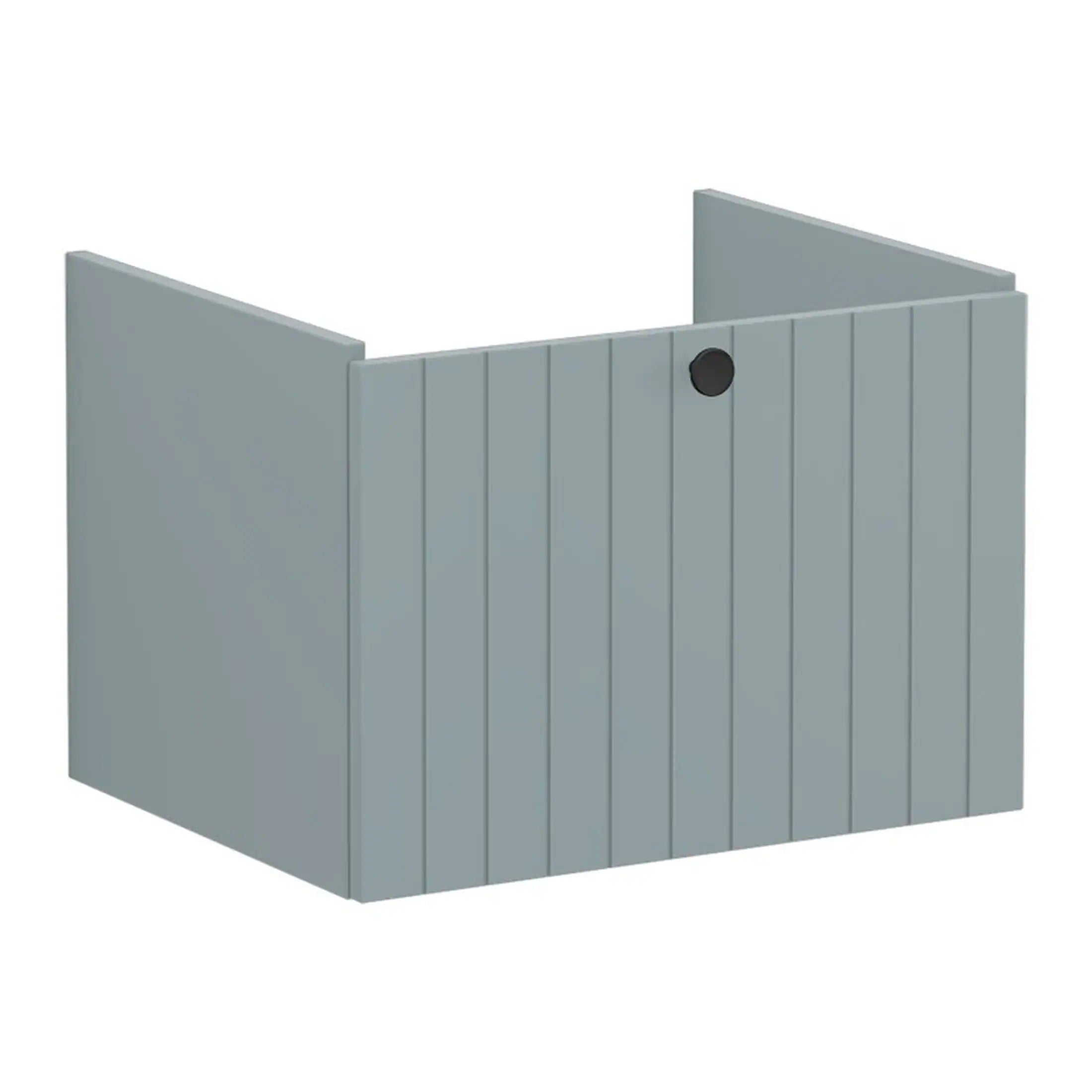 Modern grey bathroom panel with vertical slats and a sleek black circular handle for contemporary bathroom renovation.