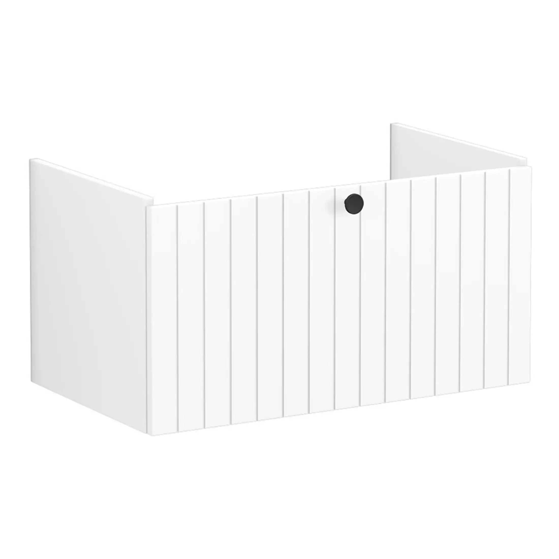 White modern bathtub surround with vertical paneling and a black circular drain, designed for contemporary bathroom renovation and installation. Perfect for enhancing bathroom aesthetics with sleek, minimalist style.