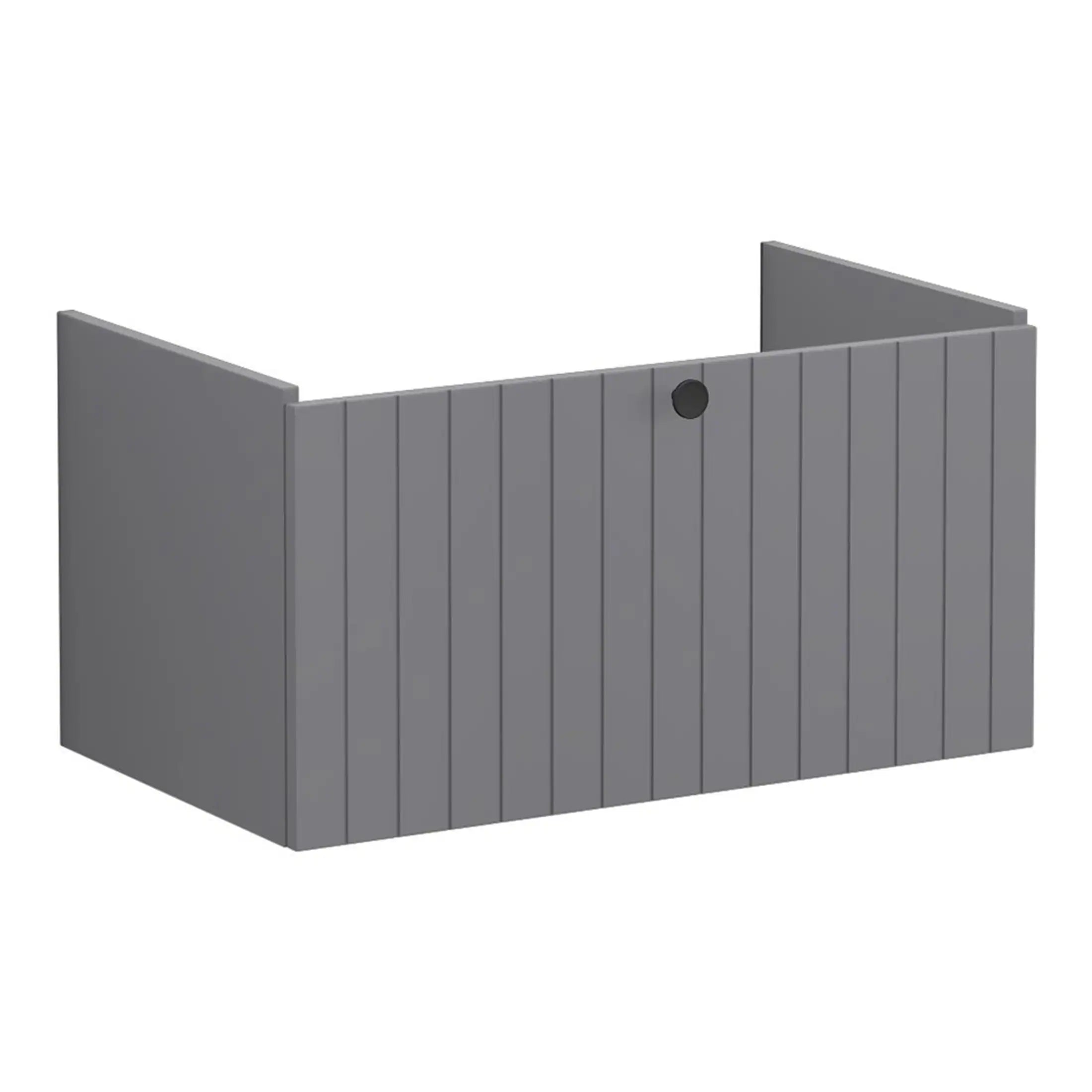 Grey wooden bathroom privacy screen with vertical slats and a mounting hole for outdoor or indoor use.