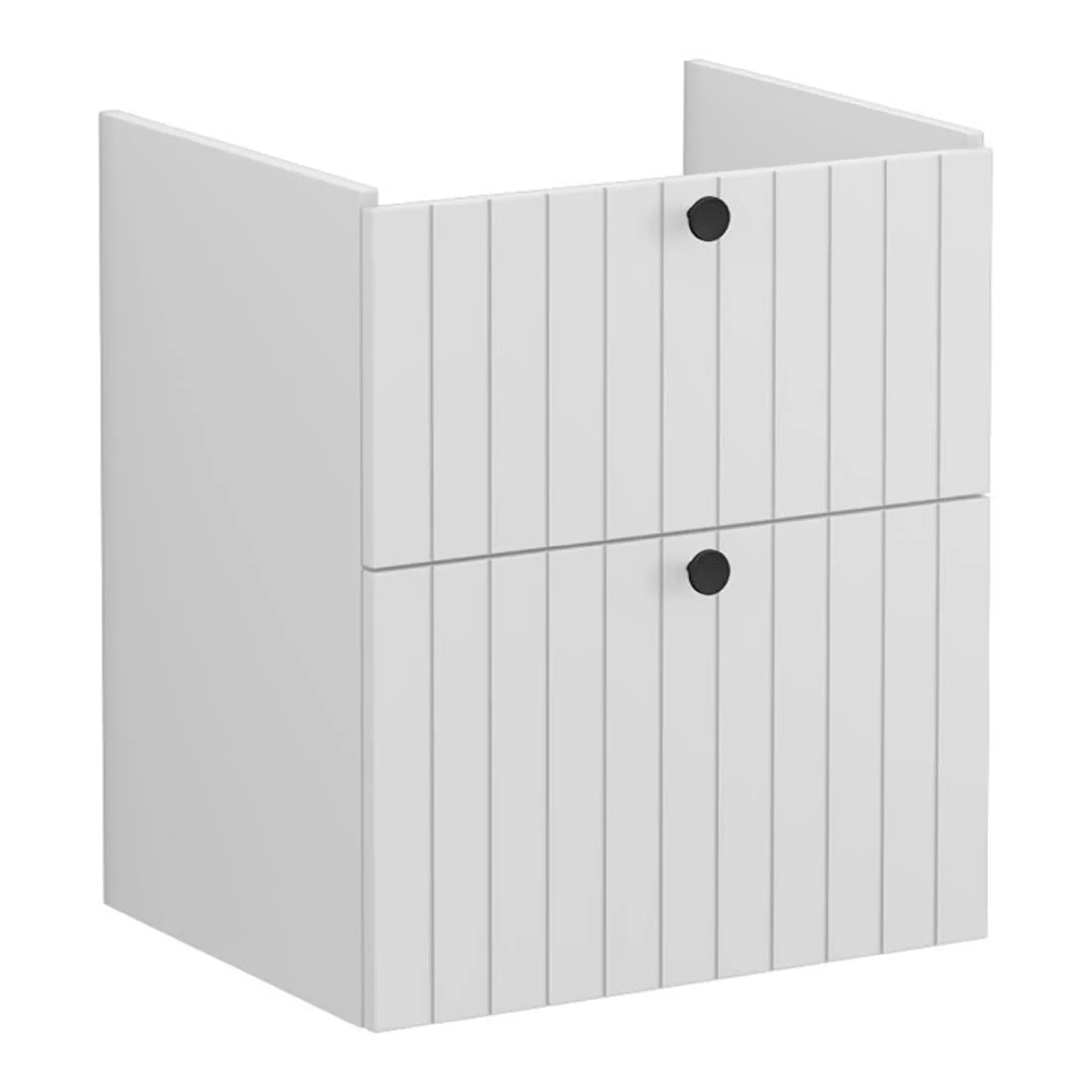 White wooden bathroom storage cabinet with vertical slats and black circular handles, modern and functional for bathroom organisation.
