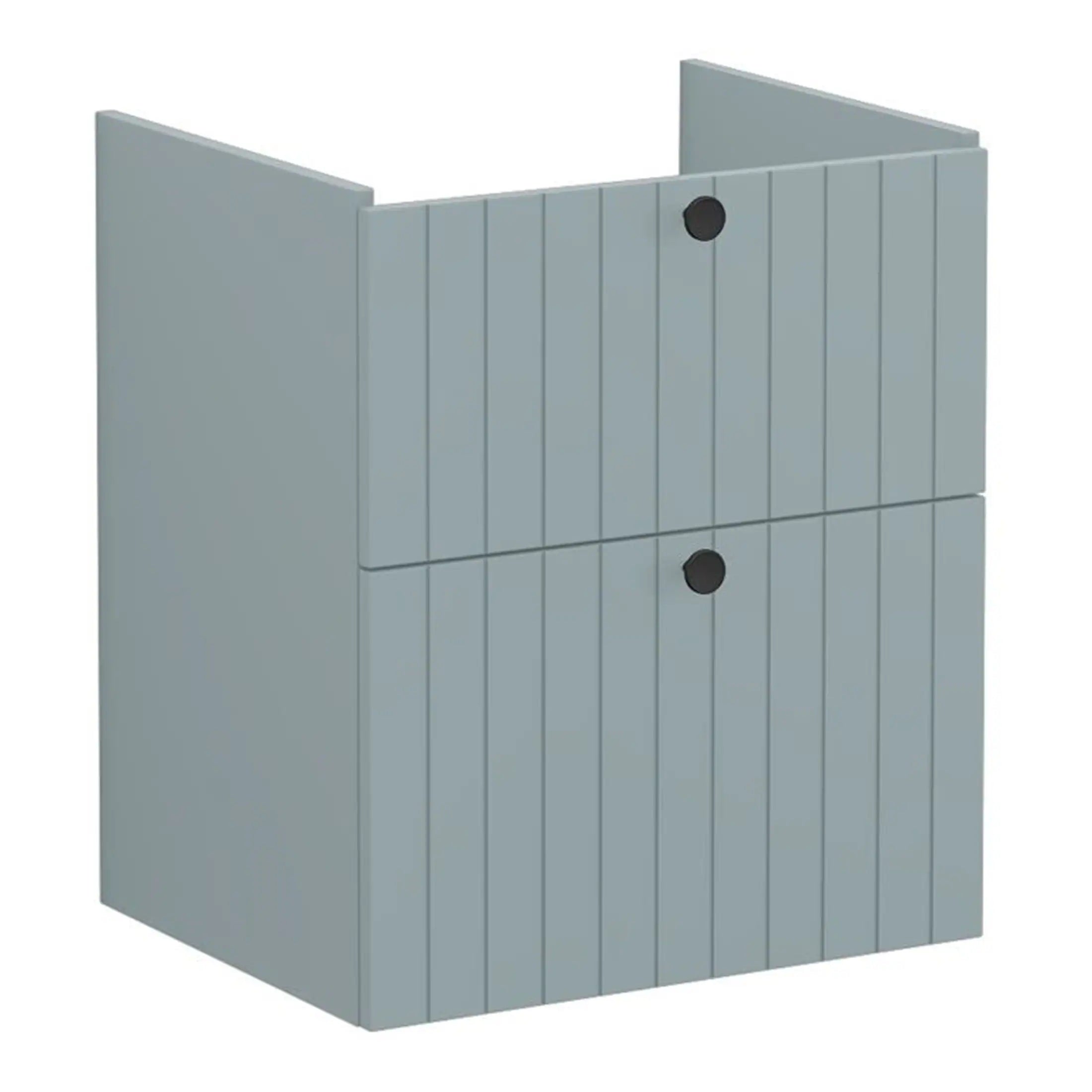 Stylish grey bathroom storage unit with vertical panel design and two black circular handles, perfect for modern bathrooms.