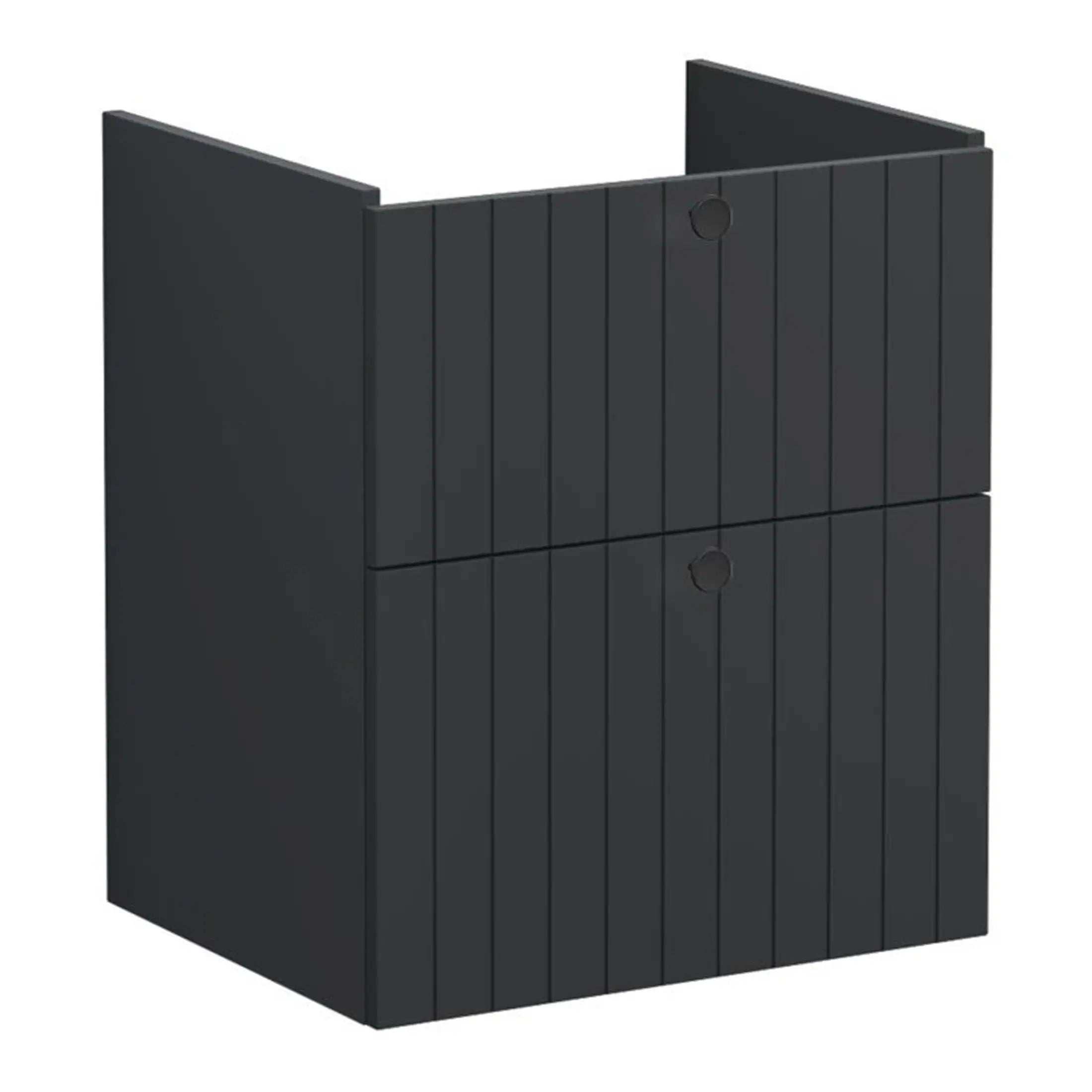 Stylish black outdoor bathroom storage cabinet with vertical slats, ideal for garden or patio use, offering waterproof and secure storage solutions for bathroom essentials.