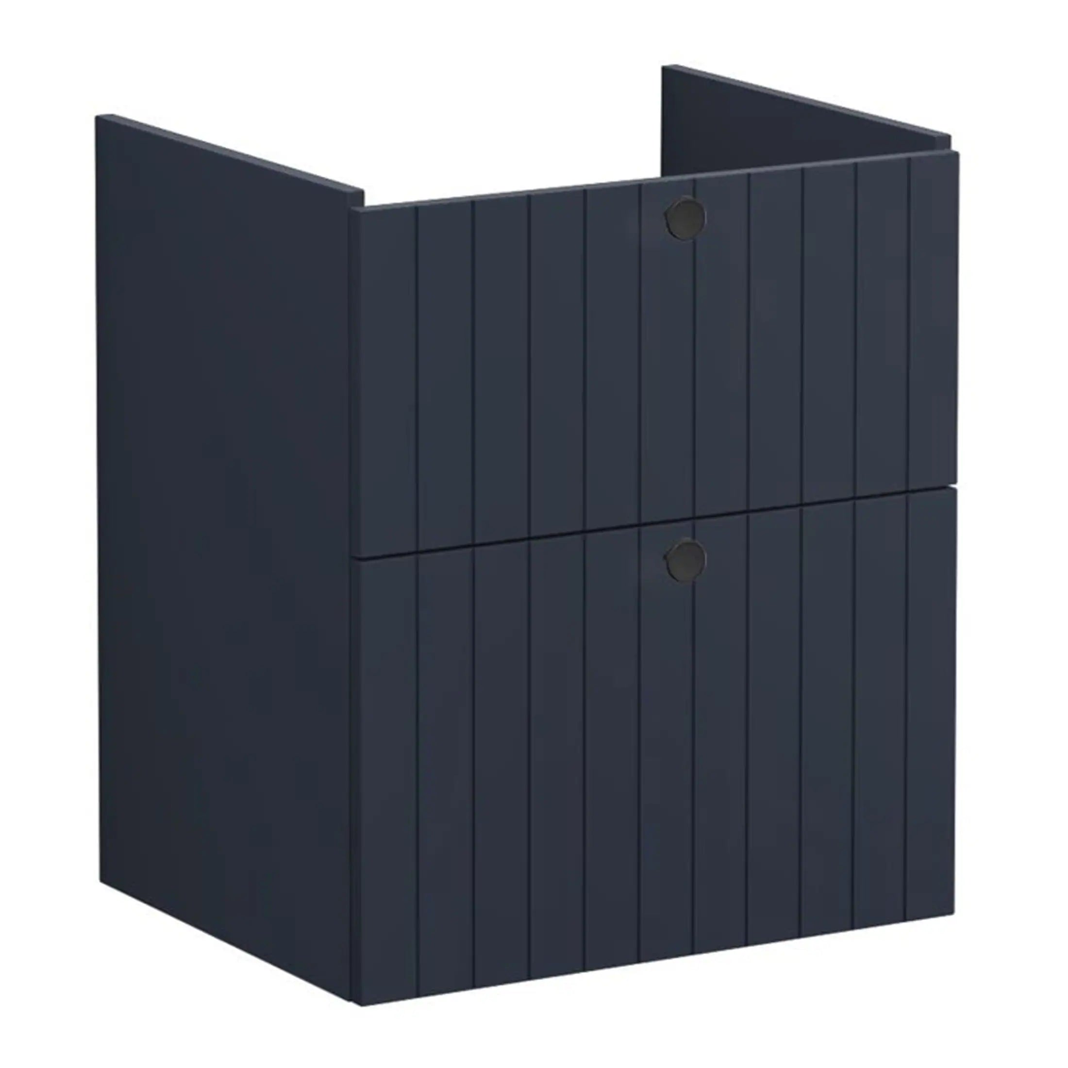 Contemporary navy blue bathroom storage cabinet with vertical slat detailing, perfect for modern bathrooms to organise toiletries and accessories.