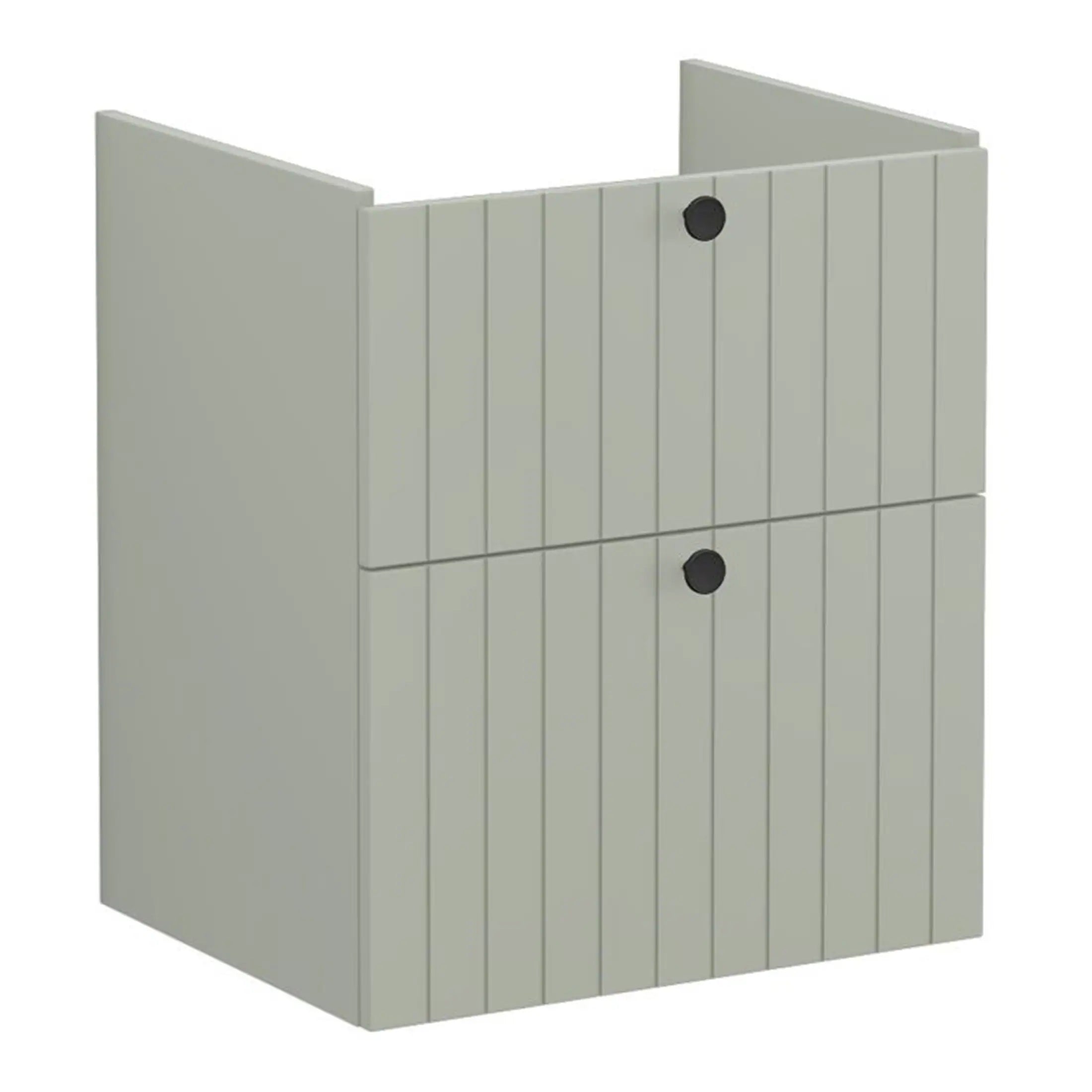 Modern grey wooden bathroom storage cabinet with vertical panel design and black circular handles. Perfect for organising bathroom essentials with style and functionality.