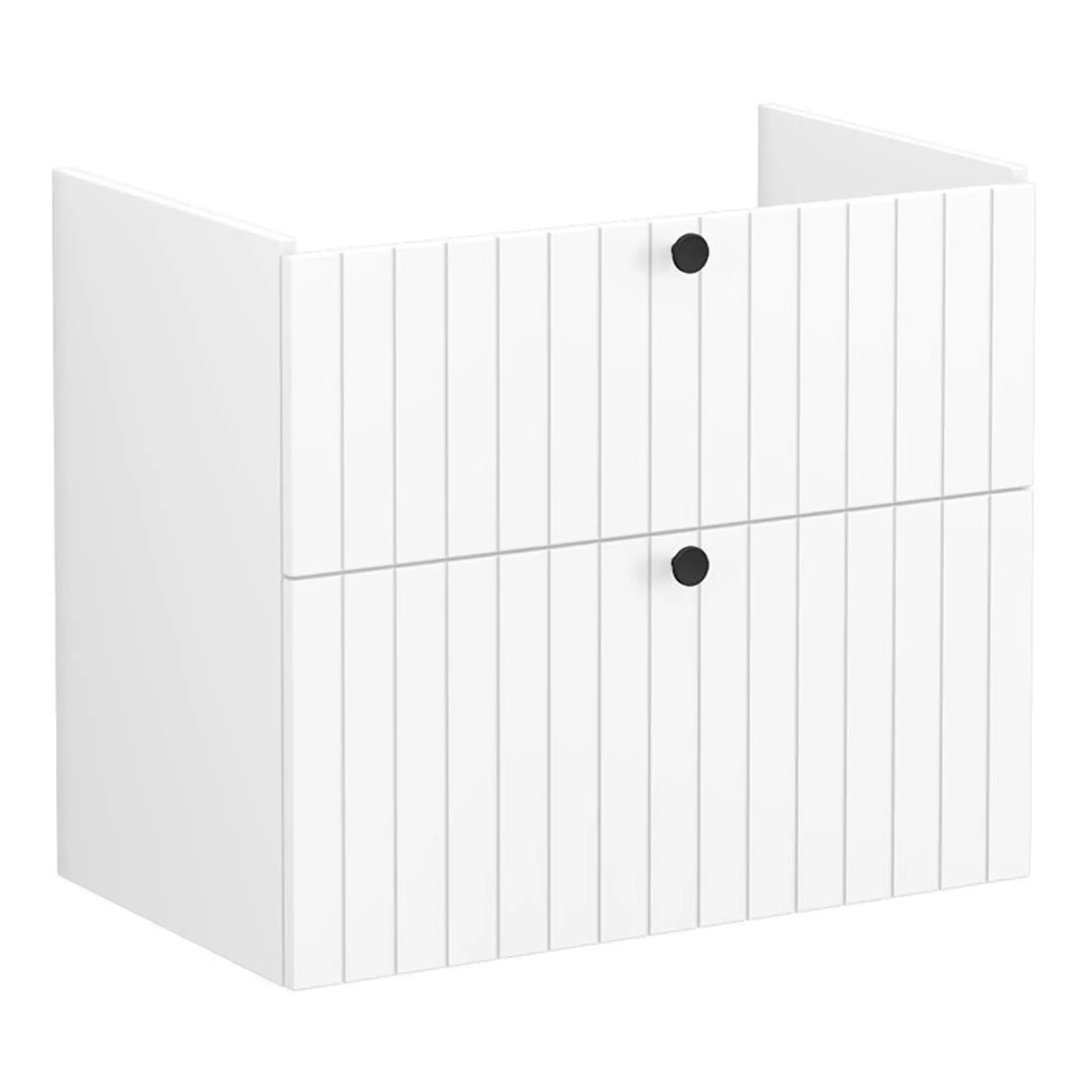 Sleek white bathroom storage cabinet with vertical panel design, black round handles, ideal for modern bathroom organisation and space-saving solutions.