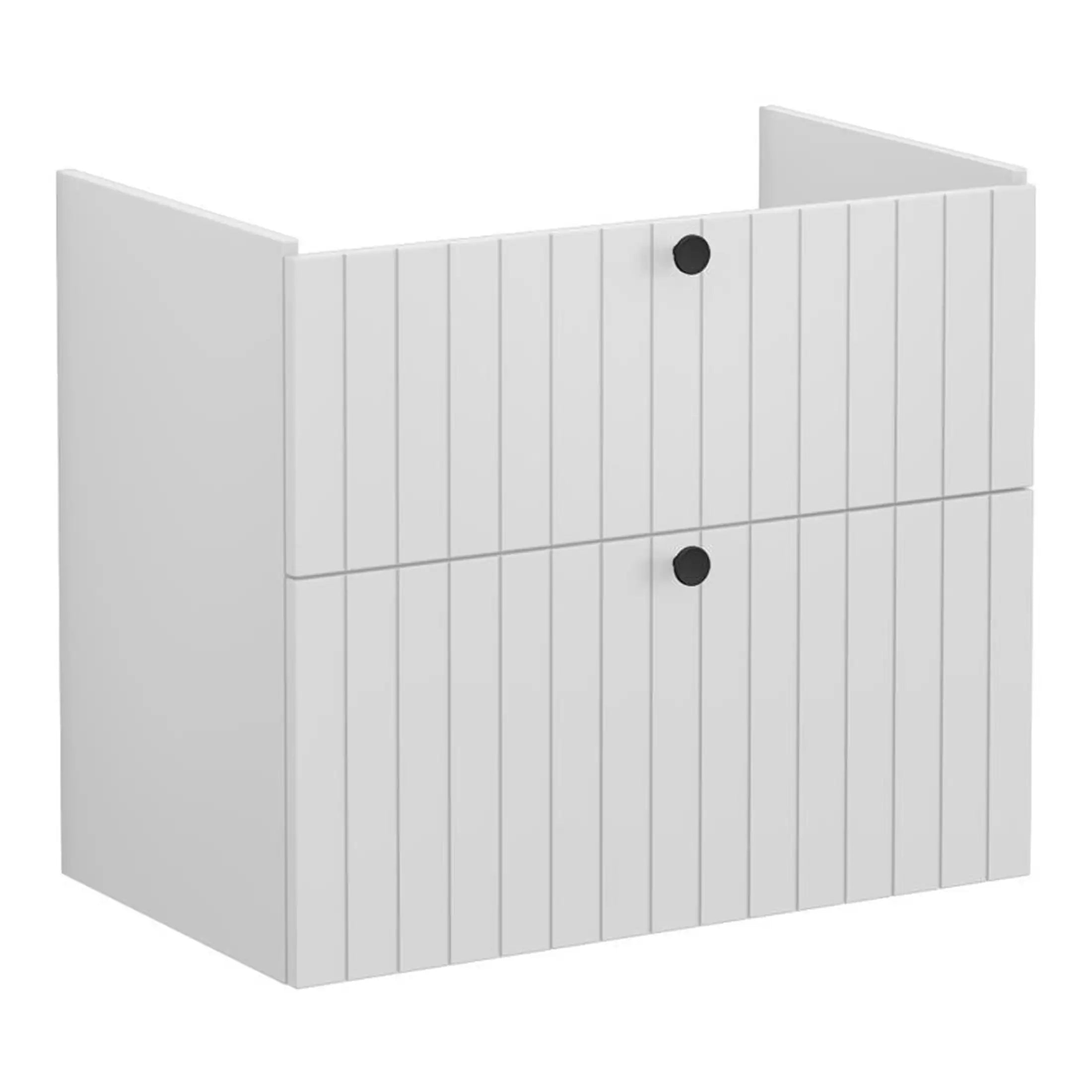 Modern white bathroom cabinet with vertical panel design and black circular handles, providing stylish storage solution for contemporary bathrooms.