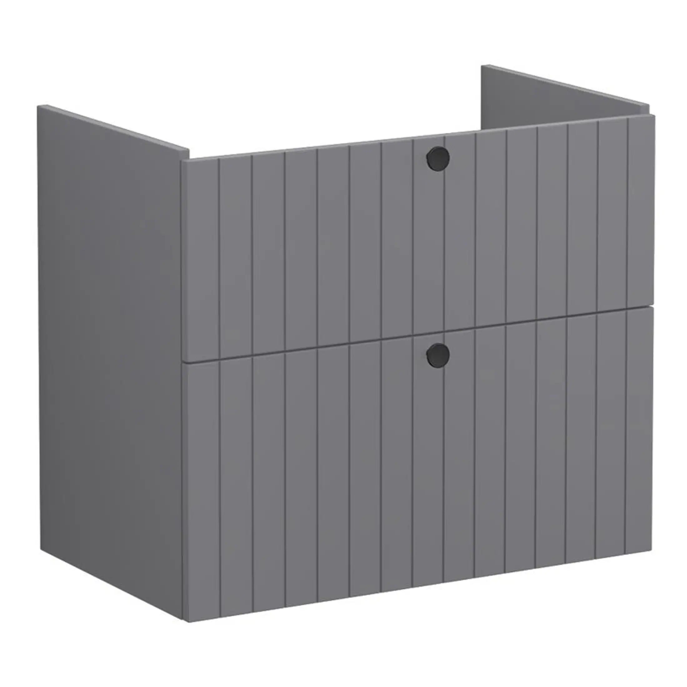 Natural grey wooden bathroom cabinet with vertical slats, waterproof finish, and built-in repair patches, ideal for modern bathroom storage solutions.