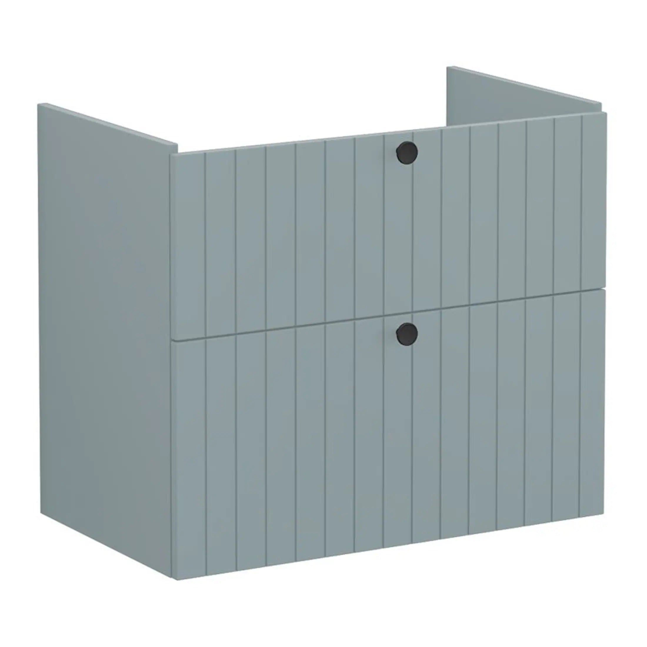Light grey wooden bathroom storage cabinet with vertical panel design, ideal for modern bathroom organisation, durable and stylish storage solution.