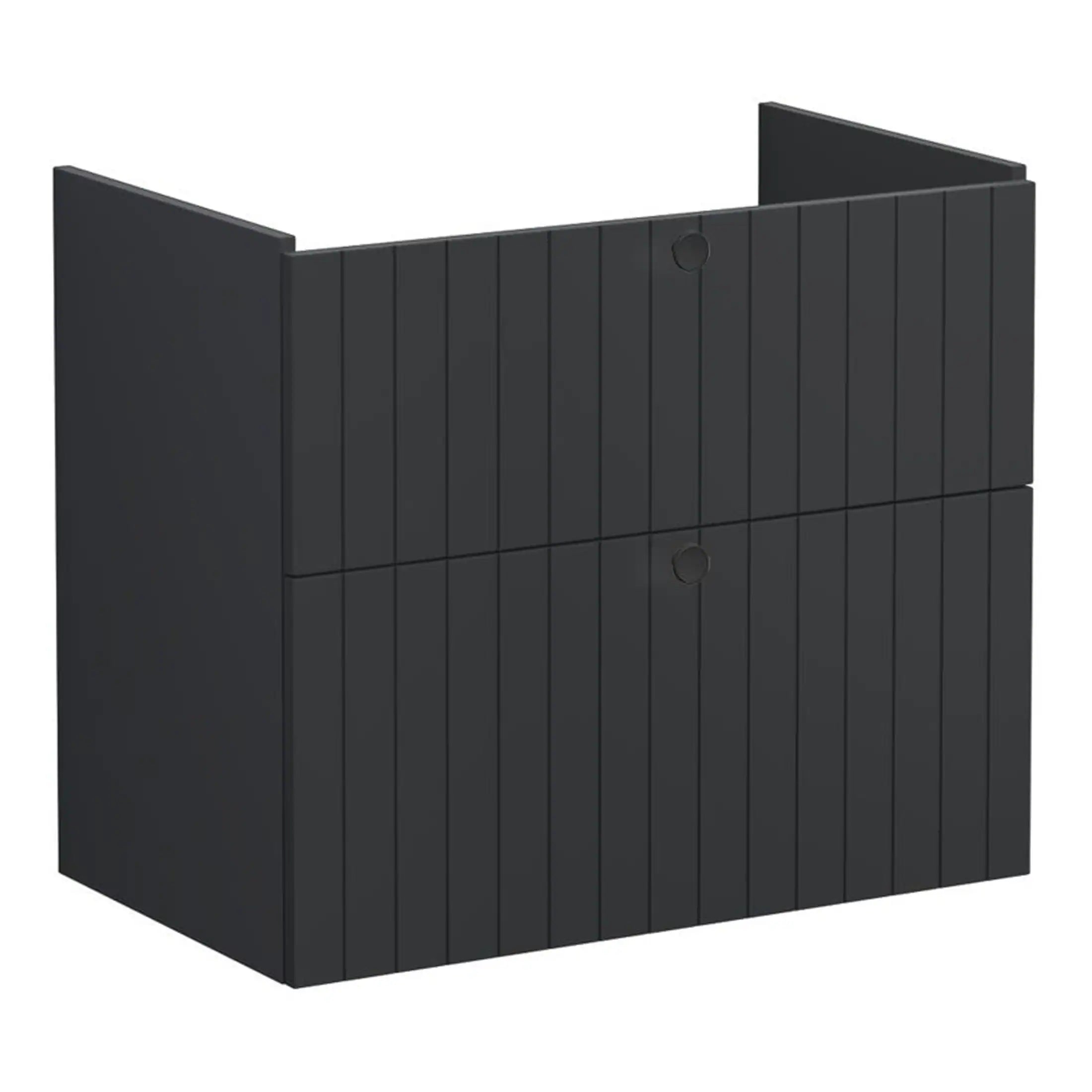 Black bathroom storage cabinet with vertical panel detailing, modern design, and sleek finish for stylish bathroom organisation.