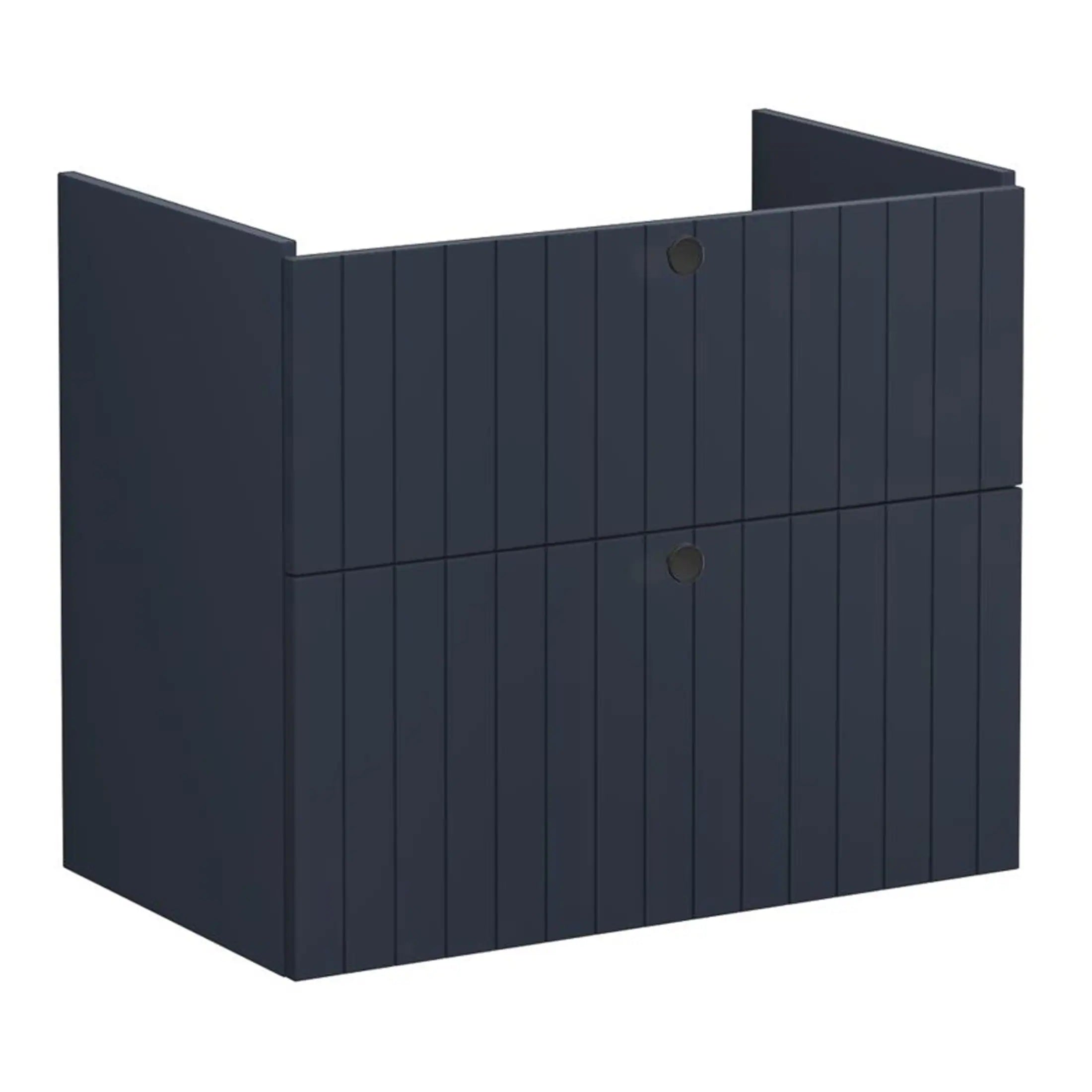Modern navy blue bathroom storage cabinet with wood-effect panel design, double doors, and easy-to-open push-button latches, perfect for organising bathroom essentials.