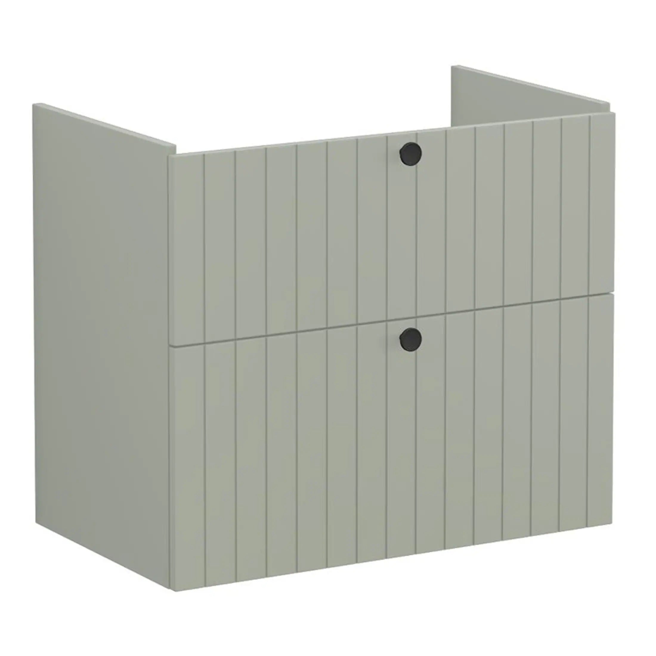 Light grey wooden bathroom storage cabinet with black circular handles, ideal for contemporary bathroom decor and organisation.