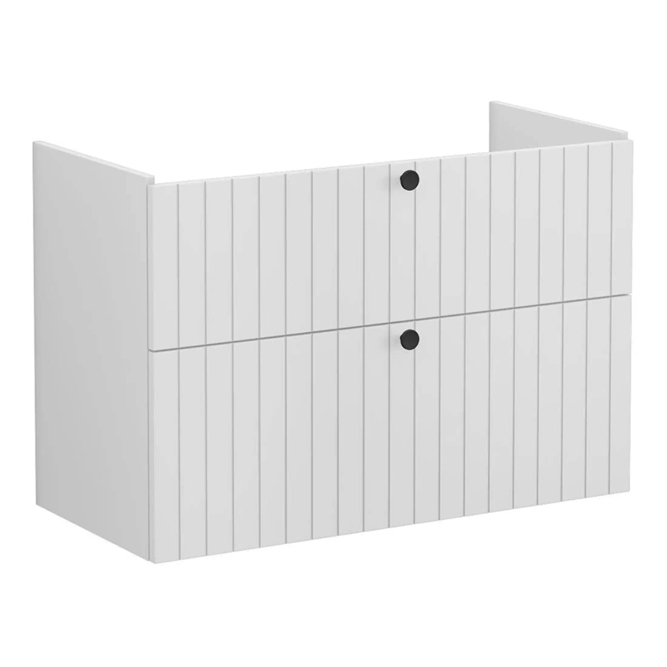 Minimalist white bathroom cabinet with vertical paneling and round black handles, designed for modern bathroom storage solutions.