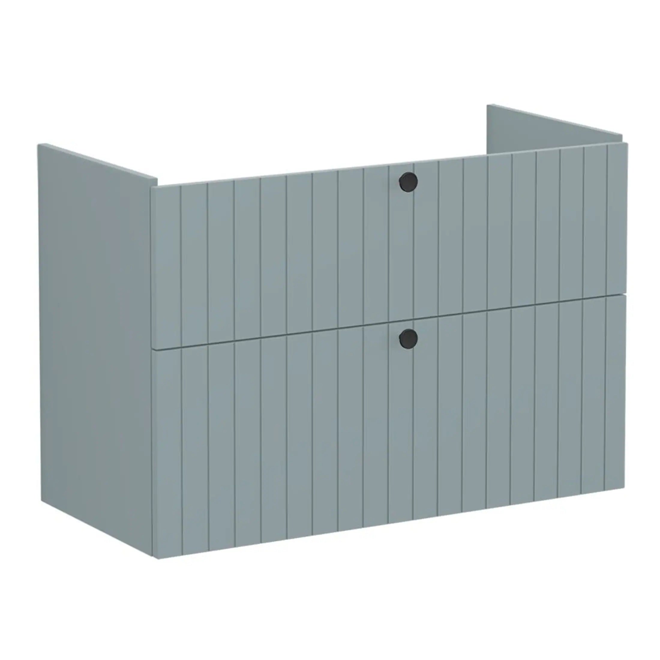 Modern grey bathroom vanity unit with two drawers and black round handles, ideal for contemporary bathroom storage solutions. Suitable for storing bathroom essentials and enhancing bathroom aesthetics.