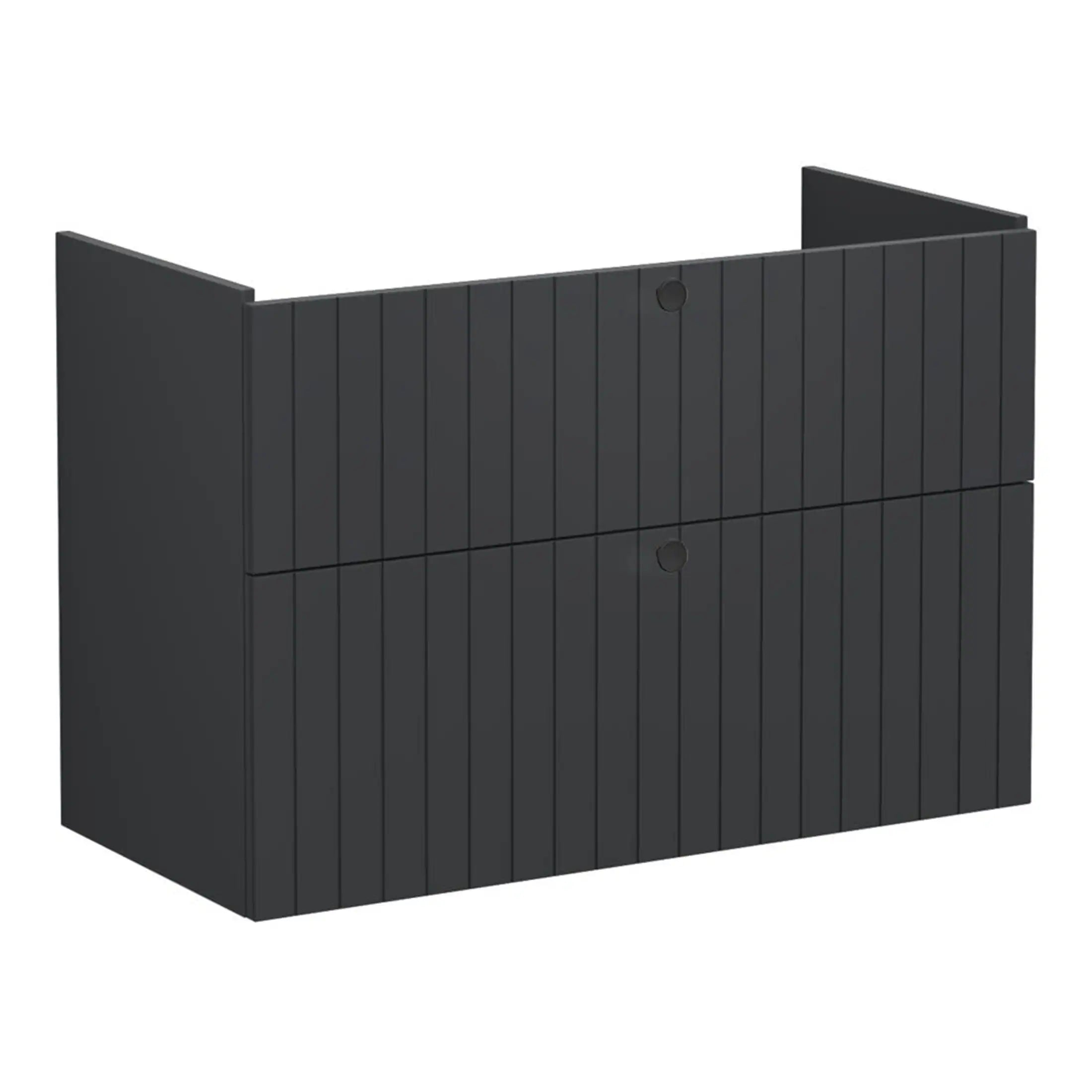 Black wooden bathroom storage cabinet with a modern slatted design and two drawers for organised bathroom essentials. Perfect for contemporary bathroom interiors.