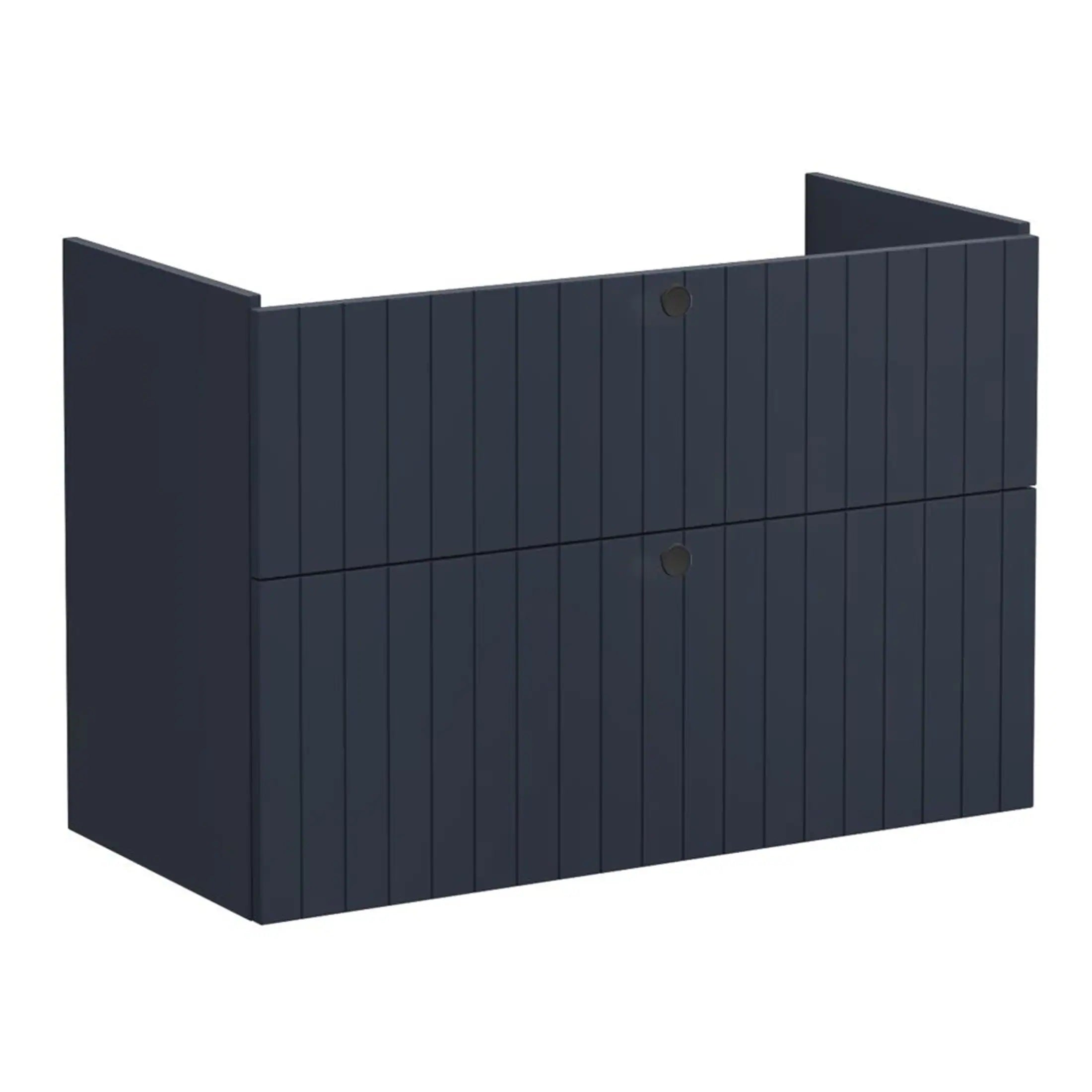 Modern navy blue bathroom vanity unit with a sleek, slatted design and integrated storage, ideal for contemporary bathroom decor. Perfect for organising toiletries and keeping your space tidy.