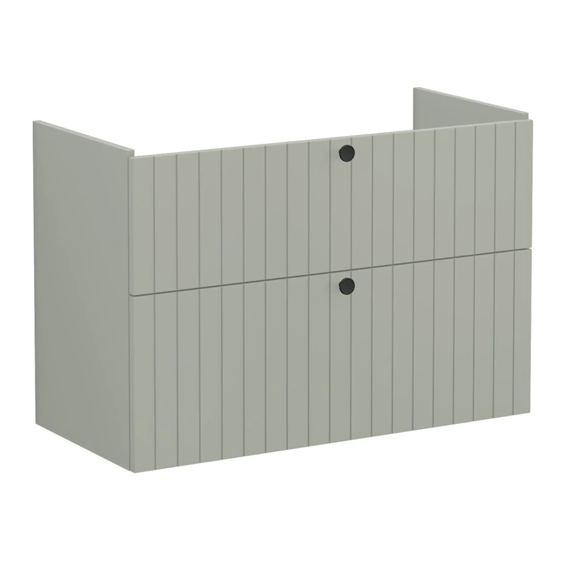 Beautiful grey bathroom vanity unit with vertical slats, durable finish, and circular black handles, perfect for modern bathroom storage solutions. Suitable for stylish, functional bathroom design.