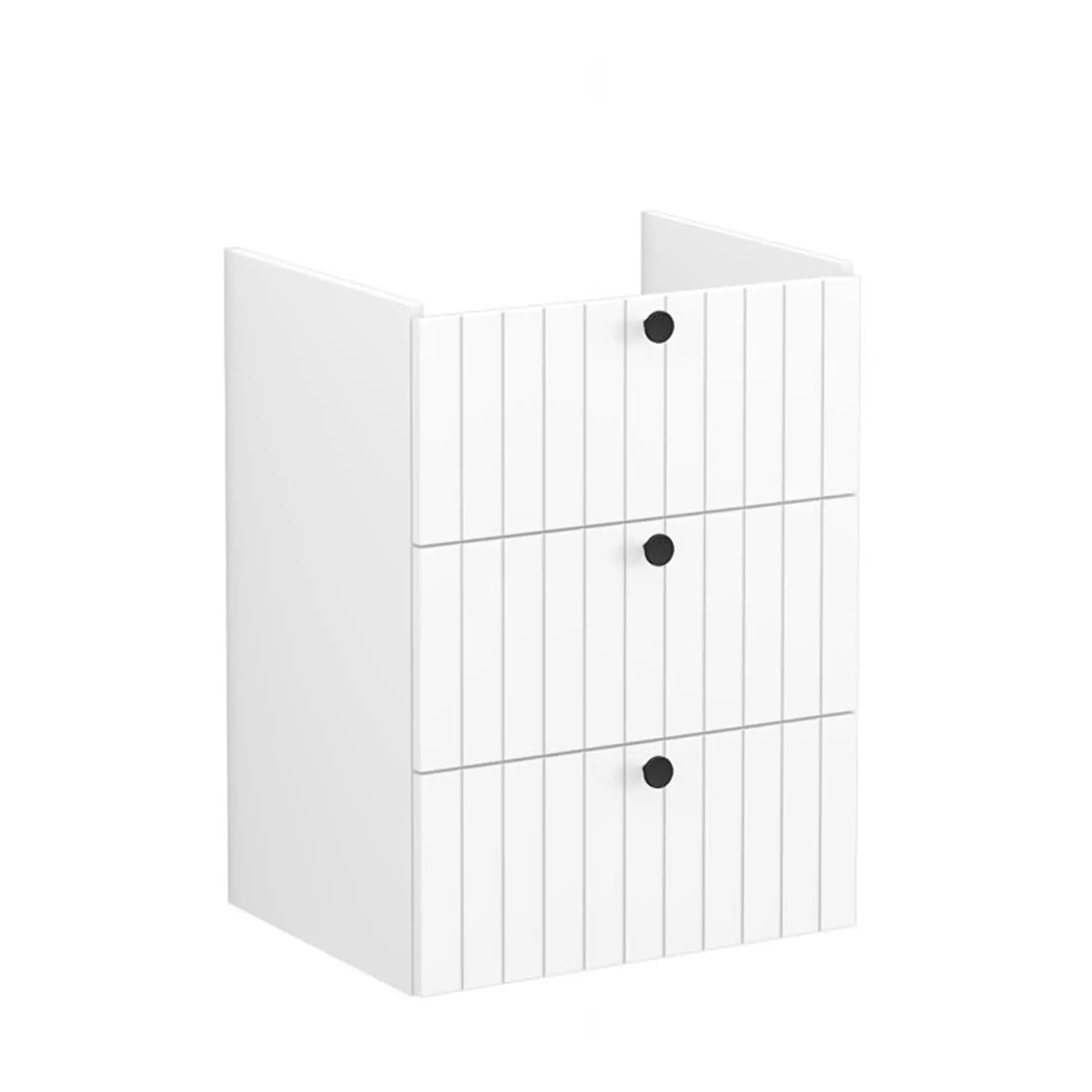 L-shaped white bathroom storage cabinet with black round knobs, ideal for modern bathroom organisation and space-saving storage solutions.