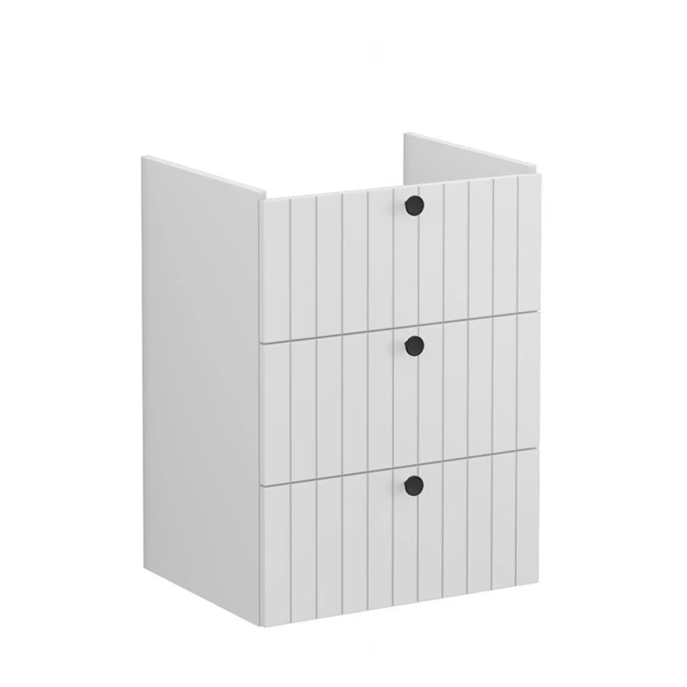 Foldable white bathroom storage cabinet with vertical slats, three compartments with black round handles, ideal for organising bathroom essentials, modern and space-saving design.