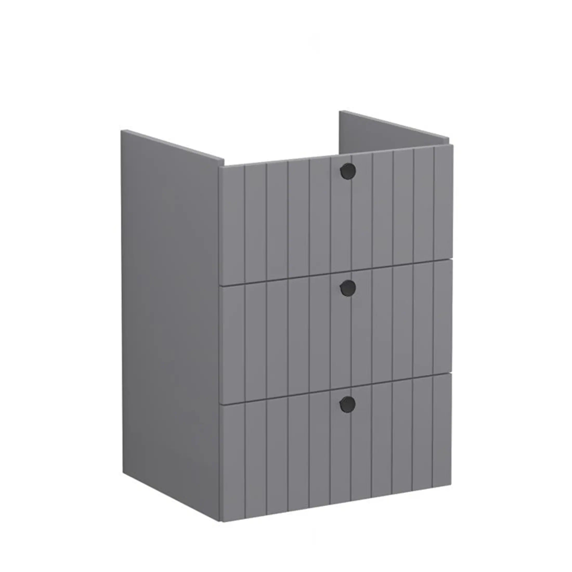 Slim grey bathroom storage cabinet with three compartments, designed for modern bathroom organisation. Perfect for storing toiletries, towels, and bathroom essentials with a sleek, minimalist look.
