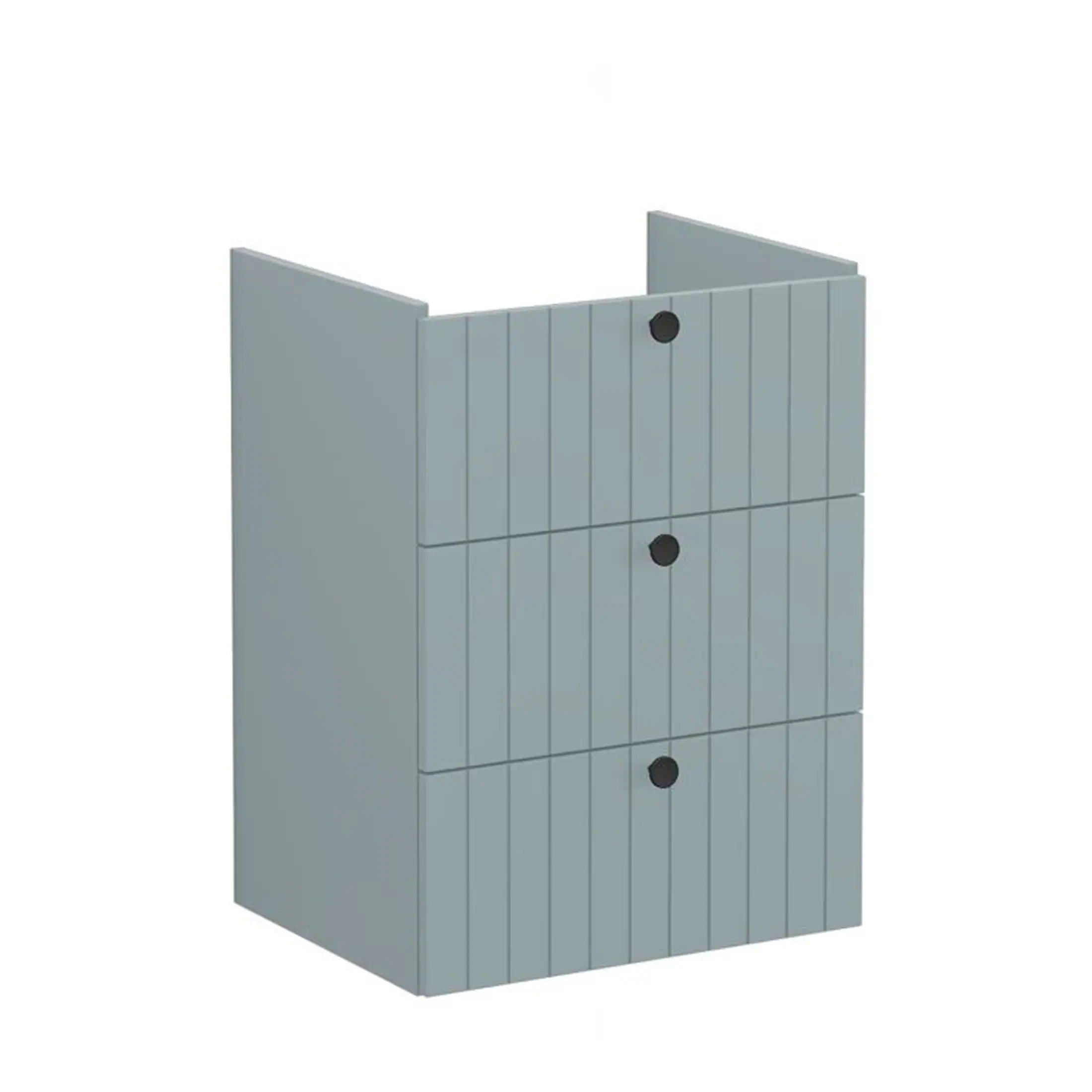 Solid grey bathroom storage cabinet with vertical slat detailing and black circular handles, ideal for organising toiletries and bathroom essentials. Perfect for modern bathrooms.