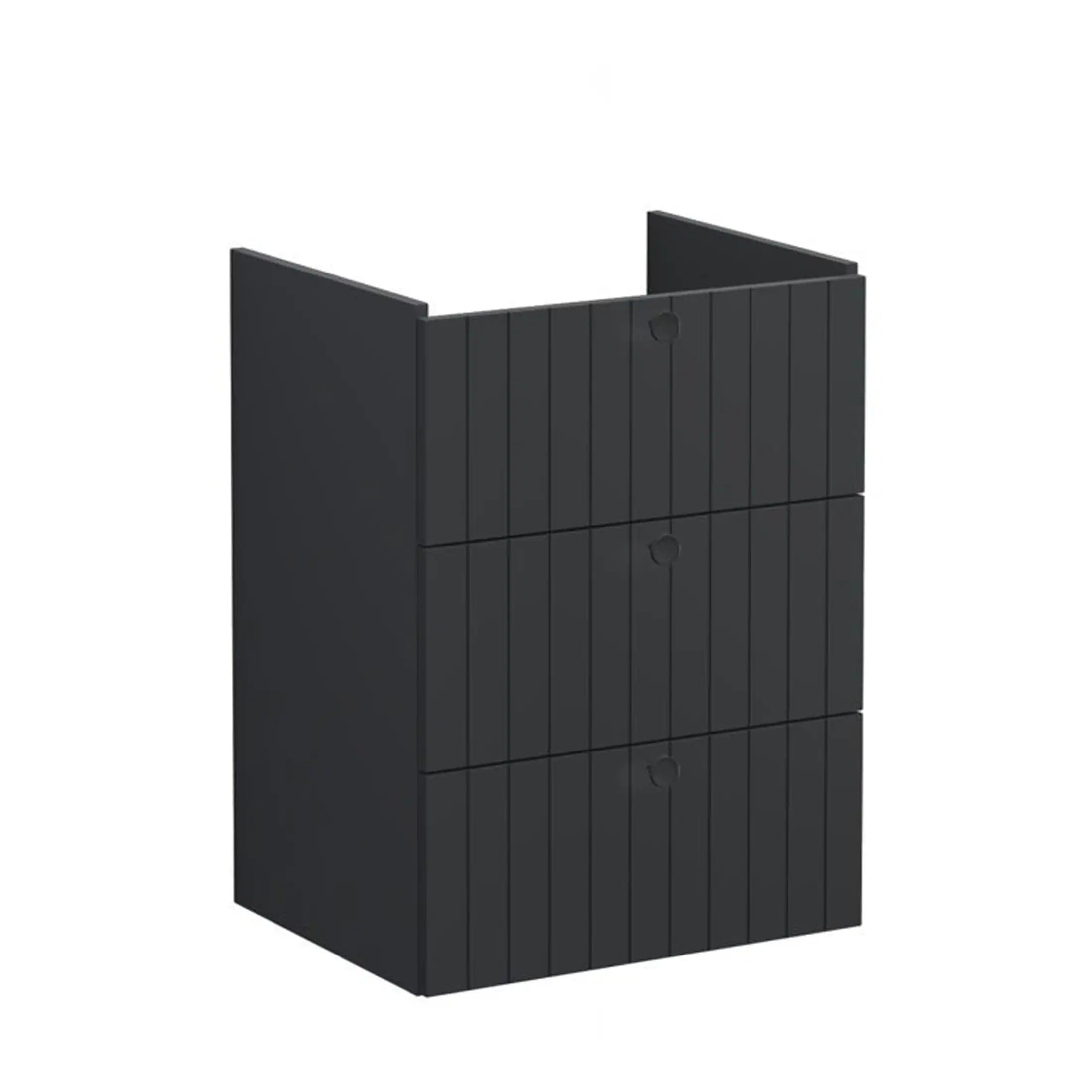 Black vertical slat bathroom cabinet with 3 drawers, modern storage solution, sleek design for bathroom organisation, high-quality wood finish.