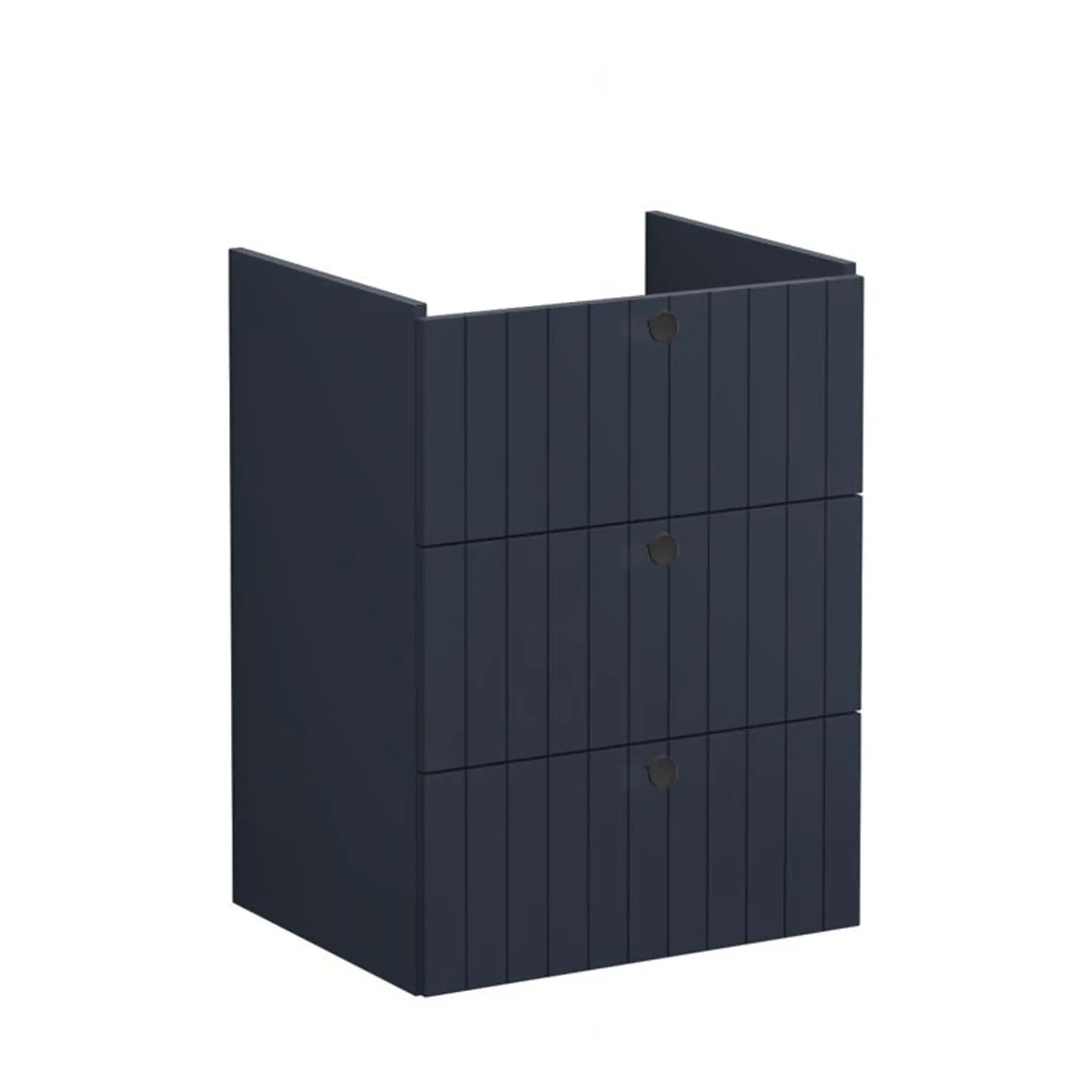 Black wooden bathroom storage cabinet with three drawers and a modern minimalist design, ideal for bathroom organisation and crafted with durable materials.