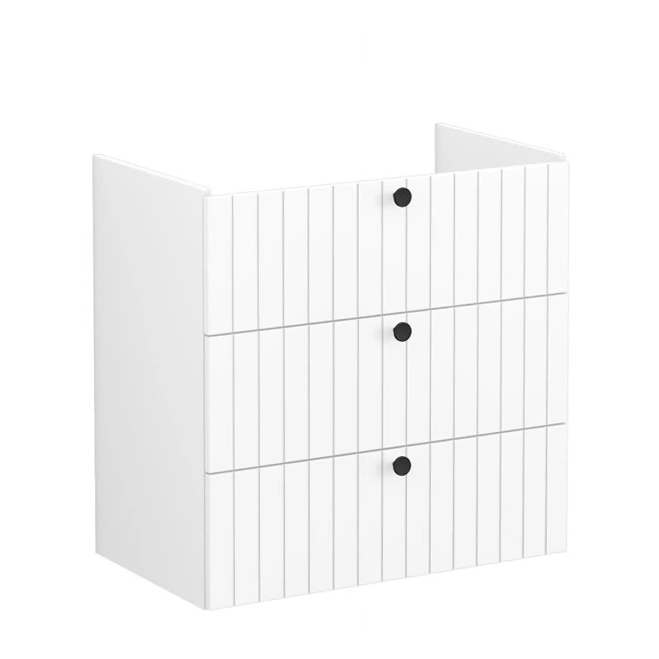 Sleek white bathroom storage cabinet with vertical panel design and black round handles, ideal for modern bathroom organisation and space-saving solution from Bubly Bathrooms.