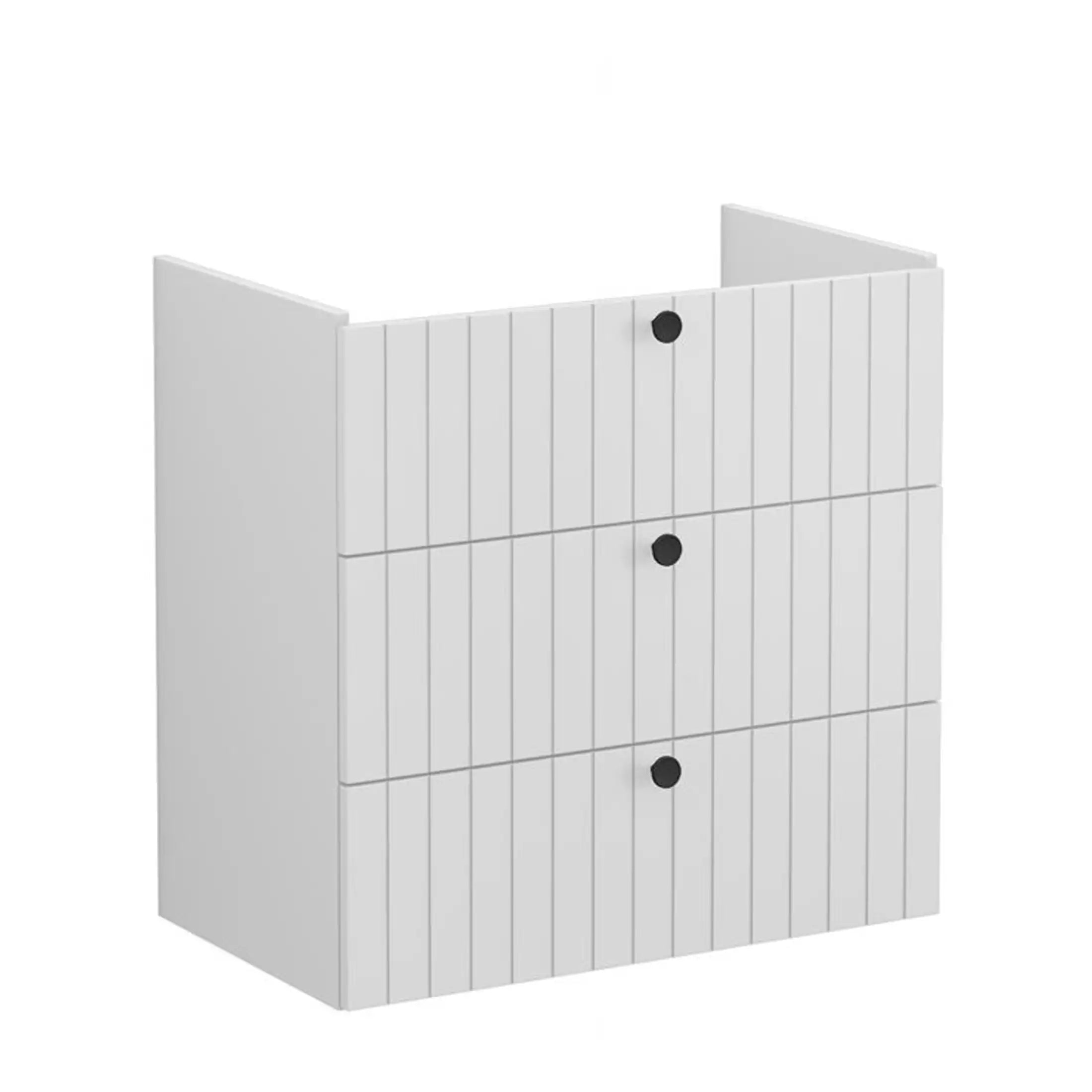 White modern bathroom storage cabinet with vertical slat design and black round handles, ideal for contemporary bathroom decor and organisation.