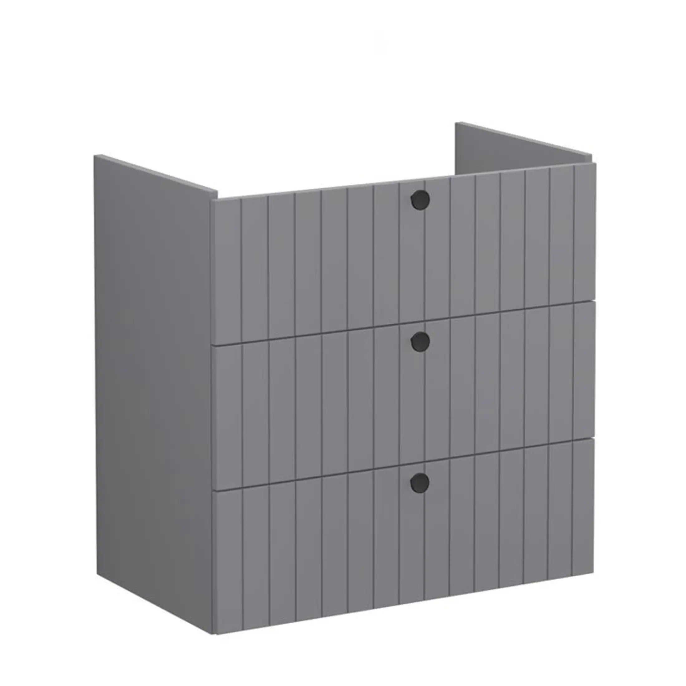 Smooth grey bathroom storage cabinet with vertical slat design, ideal for modern bathroom interiors and organising essentials effectively.