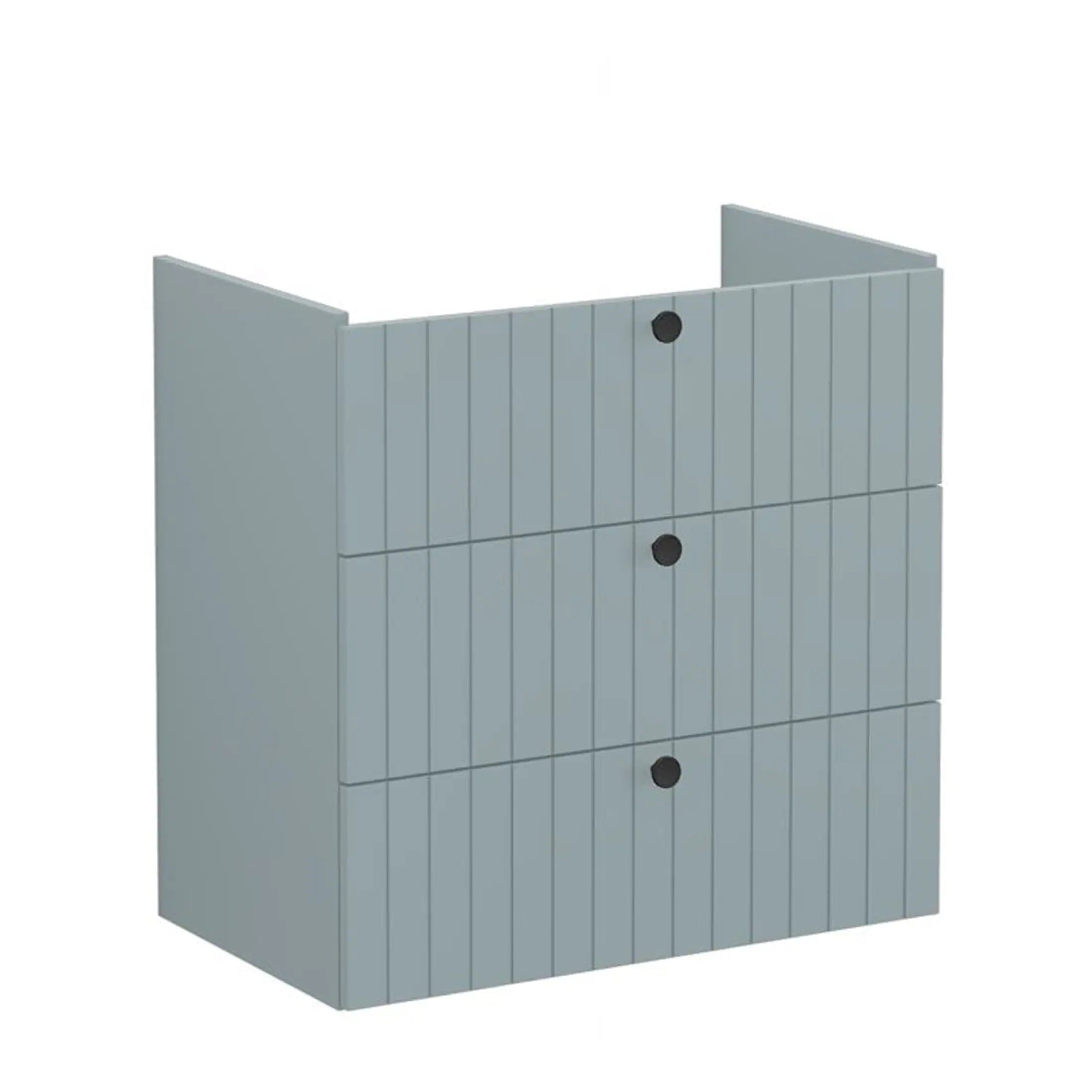 Grey wooden bathroom storage cabinet with three drawers, featuring modern black round handles, ideal for contemporary bathroom decor and efficient space organisation.