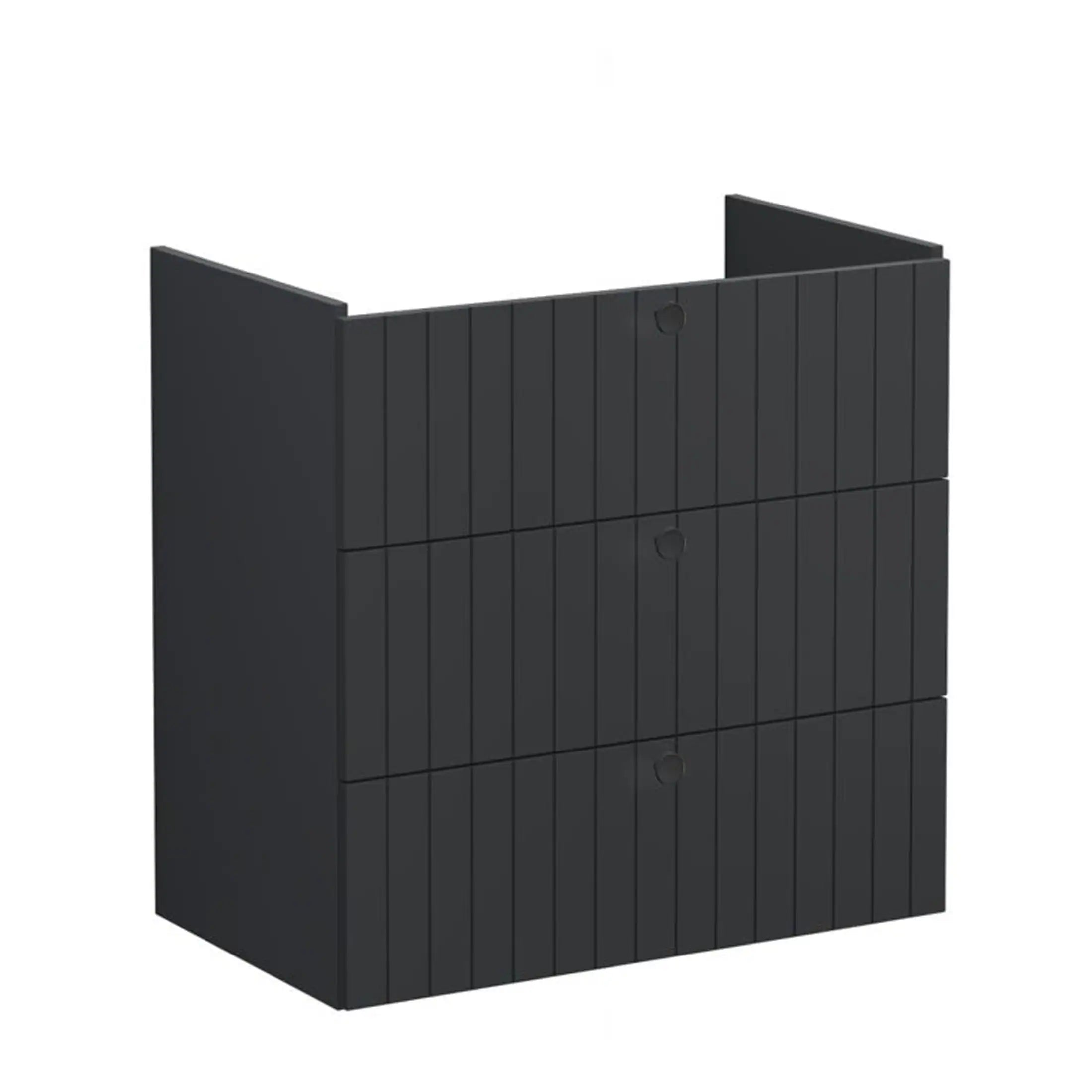 Modern black bathroom storage cabinet with a sleek, panelled design, ideal for organised and stylish bathroom storage solutions. Perfect for contemporary bathroom decor.