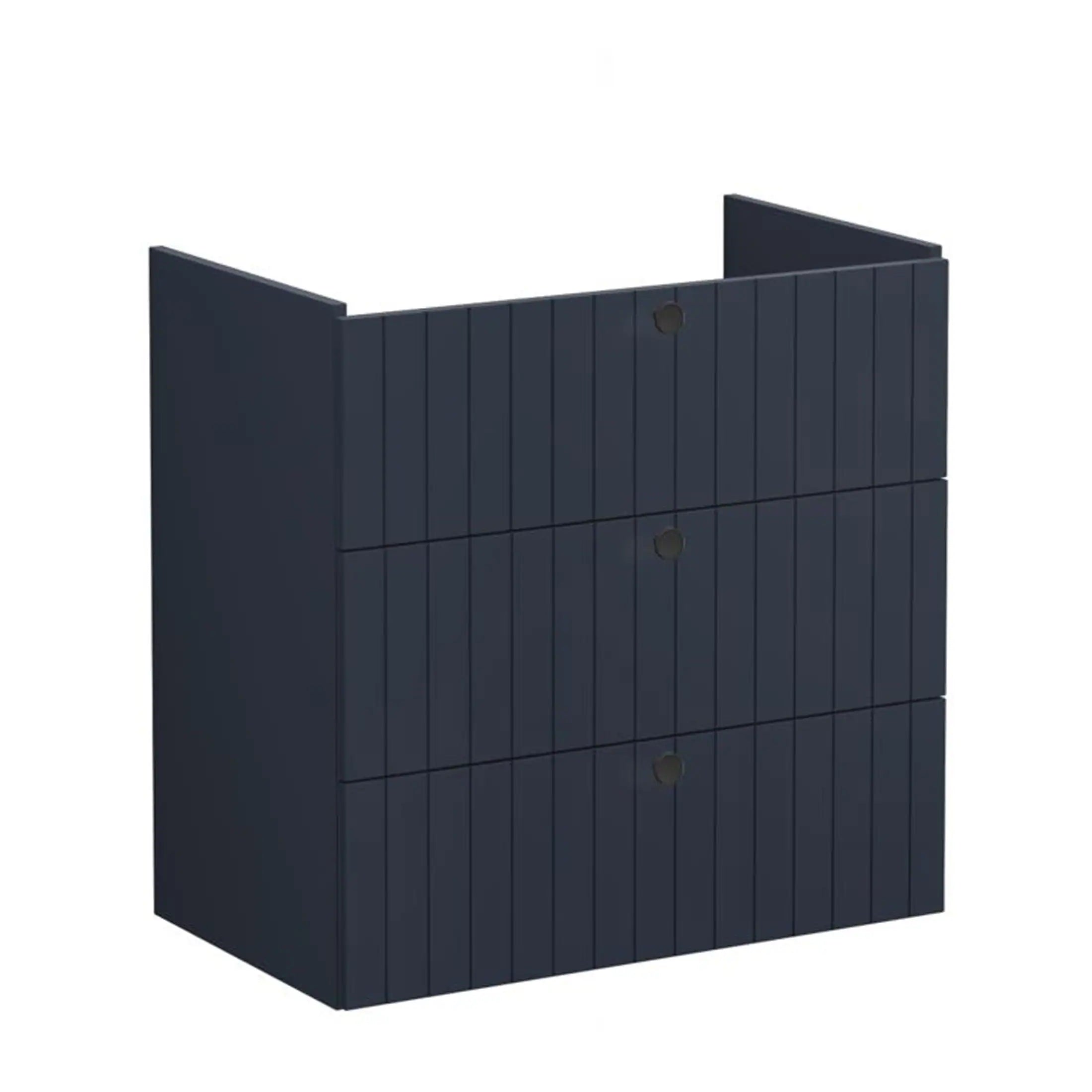 Modern navy blue bathroom storage cabinet with vertical slat design, ideal for bathroom organisation and decor. Perfect for storing toiletries and accessories in contemporary bathrooms.