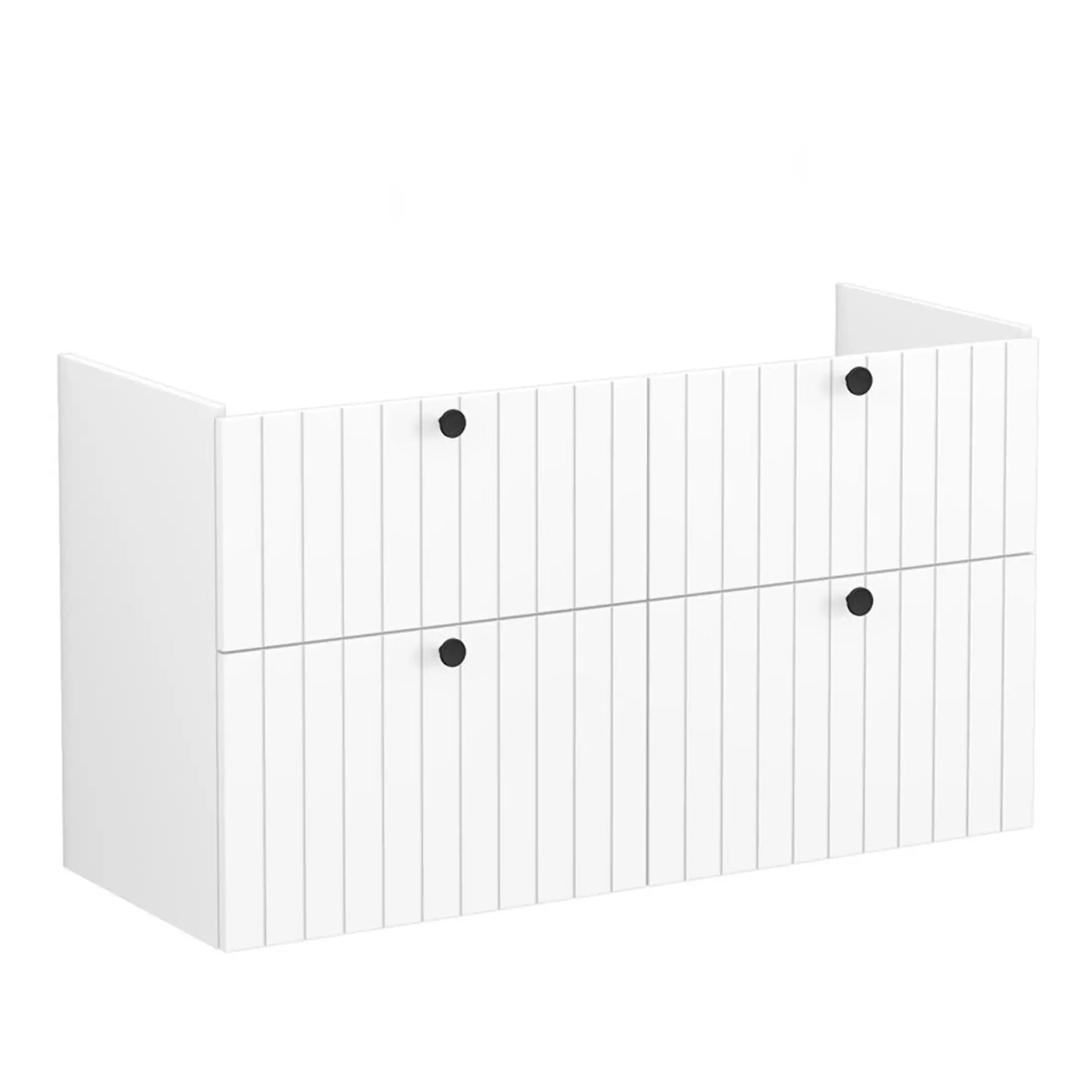 Sleek white bathroom storage cabinet with vertical panel design and black round handles, perfect for modern bathroom organisation and space-saving solutions.