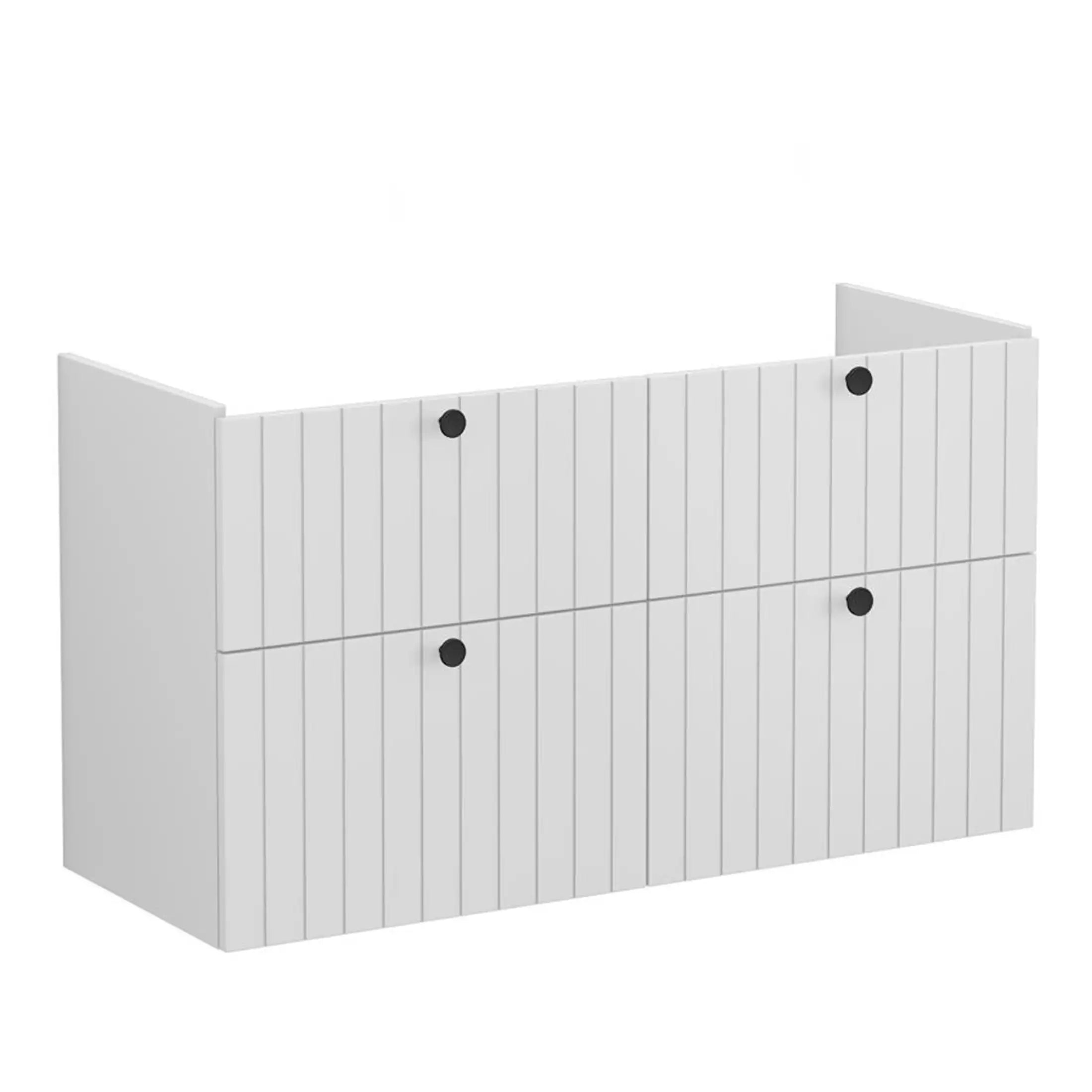 White modern bathroom storage cabinet with black round handles, designed for contemporary bathroom interiors for extra organisation and style.