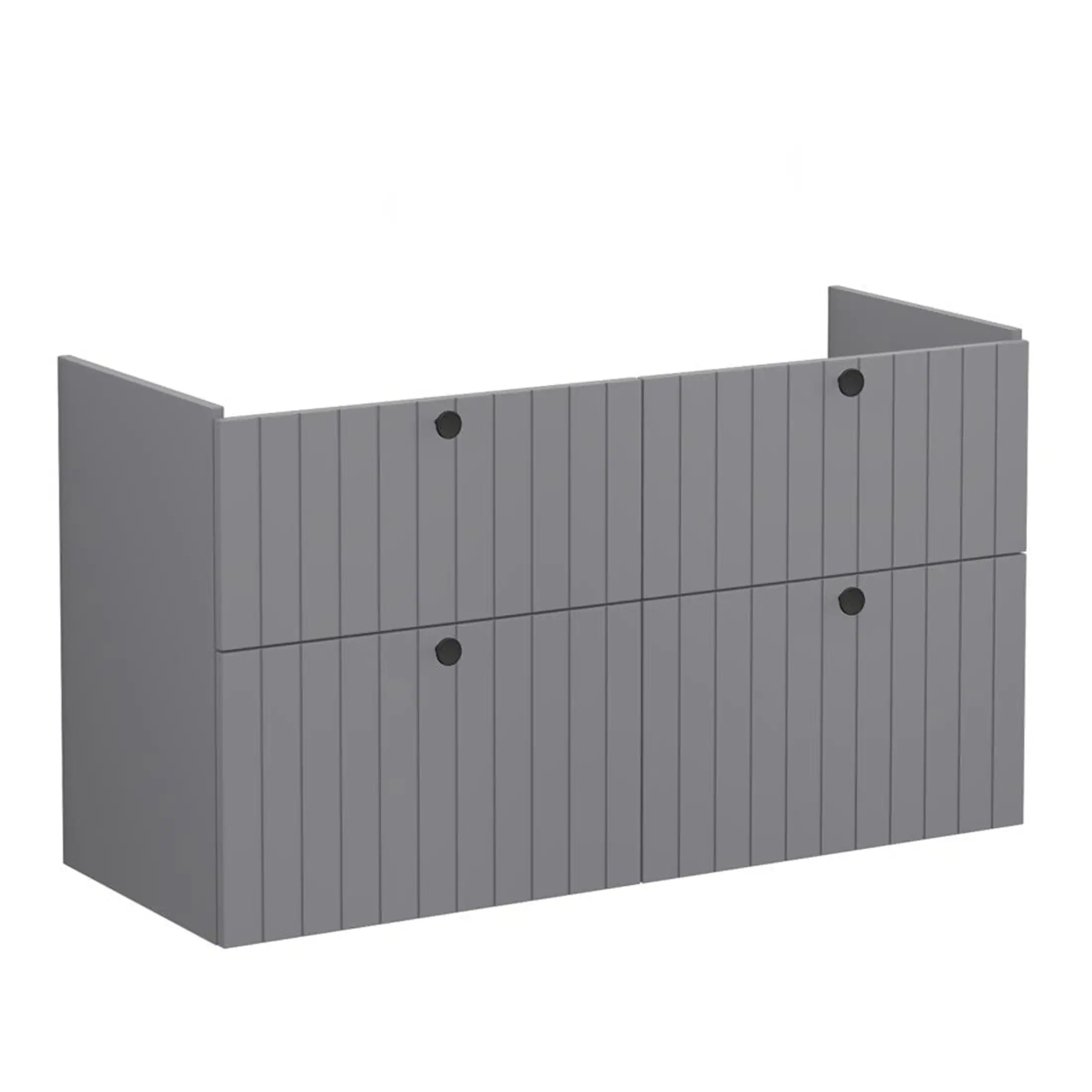 Modern grey bathroom storage cabinet with vertical panel design, suitable for stylish bathroom organisation and storage solutions. Designed for sleek, functional bathroom use with easy assembly.