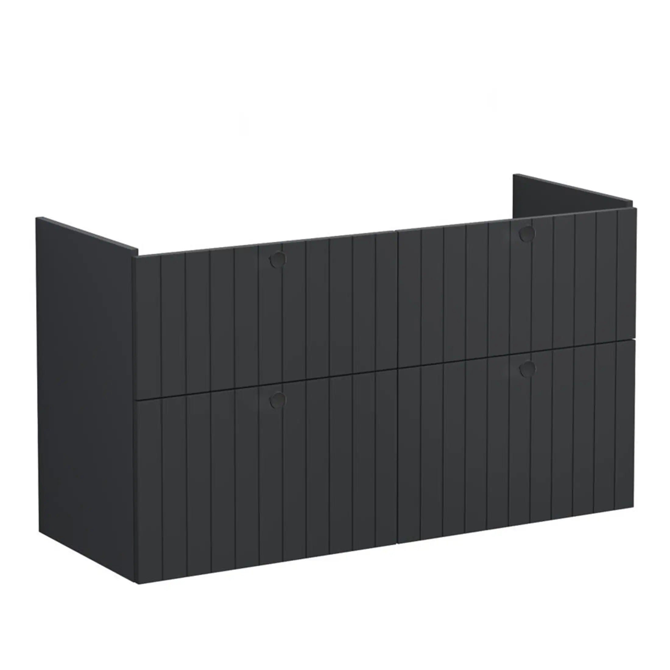 Black modern bathroom storage cabinet with vertical slat design, ideal for tub or shower area storage solutions. Durable, stylish, and perfect for contemporary bathroom decor.