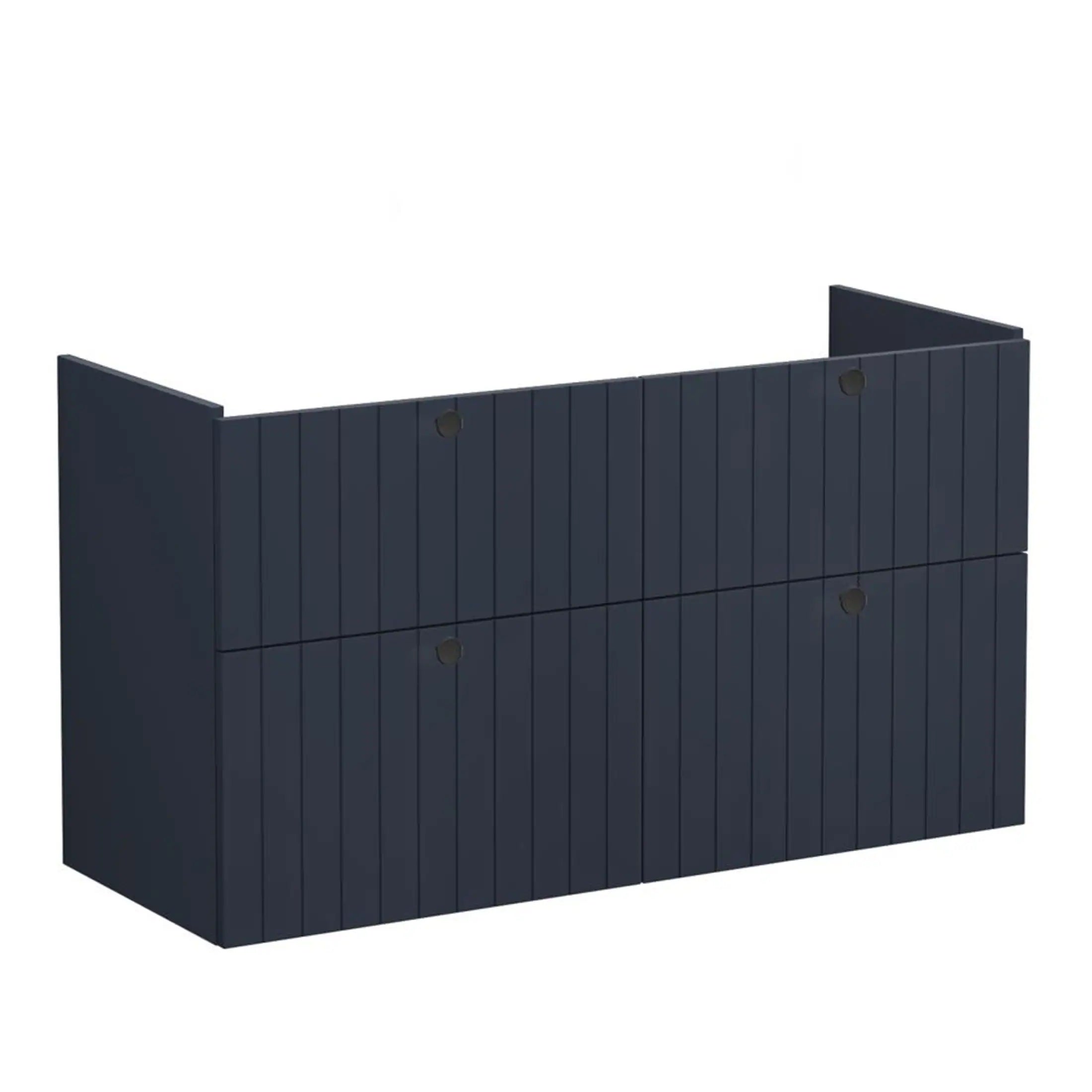 Contemporary navy blue bathroom storage cabinet with slatted design, ideal for modern bathroom organisation and sleek aesthetics.