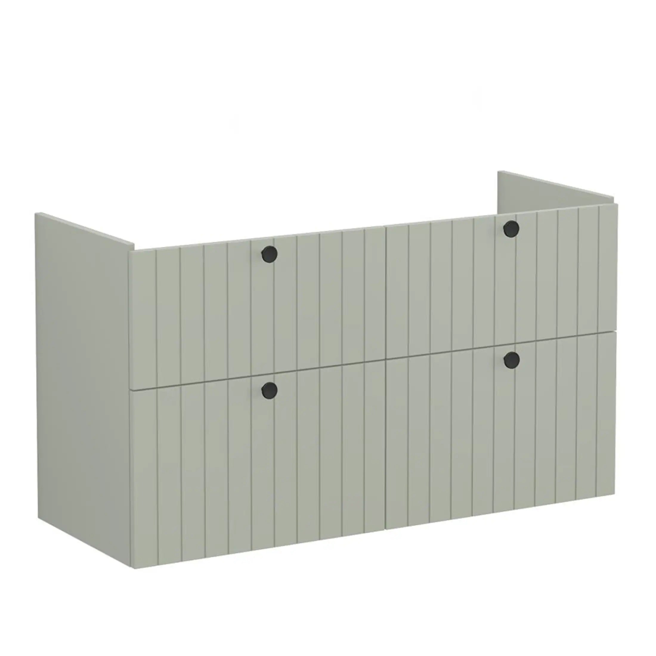 Contemporary grey bathroom storage unit with vertical slats, featuring black circular handles, ideal for modern bathroom interiors and efficient storage solutions.