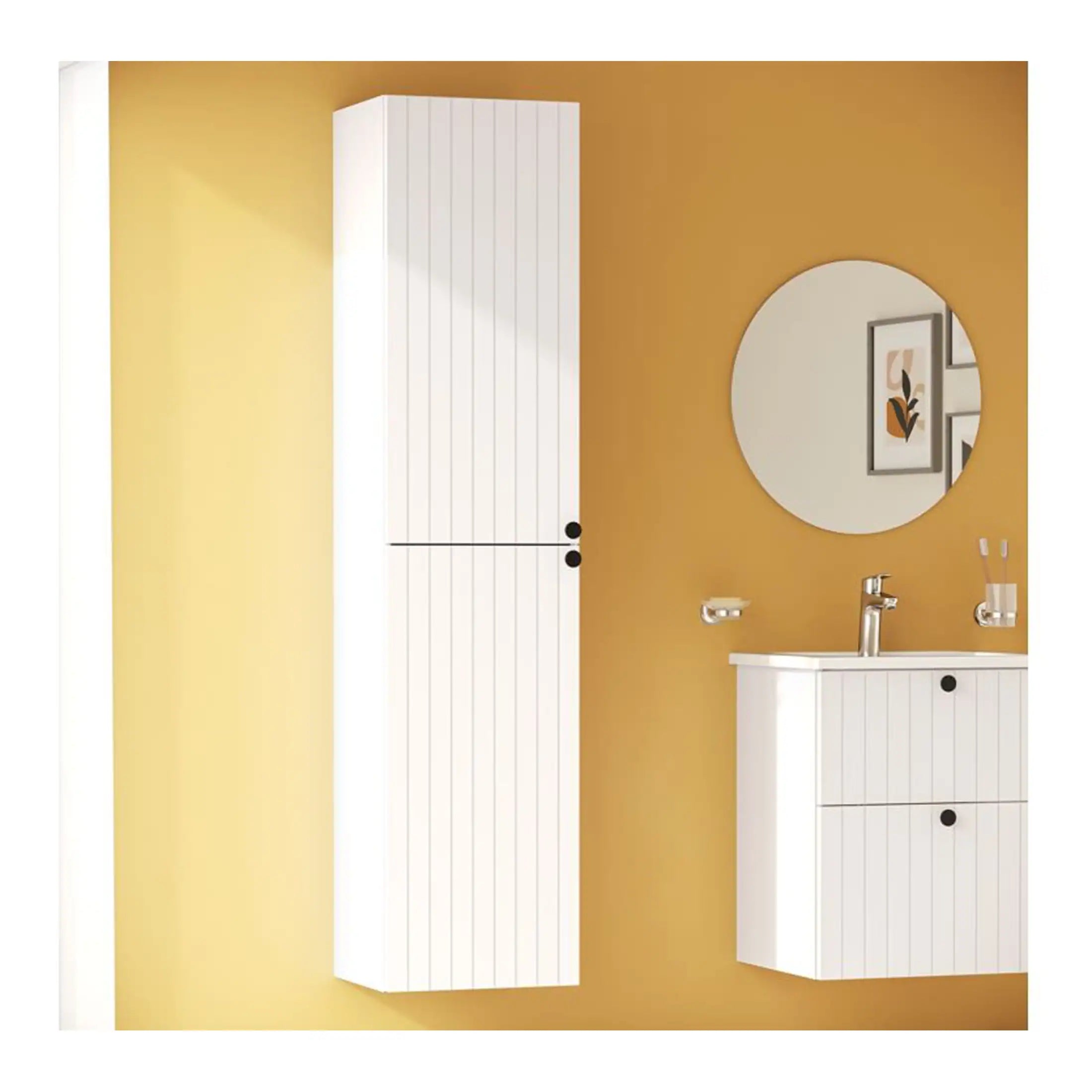 Sleek white bathroom cabinets with vertical paneling mounted on a warm yellow wall, featuring a matching vanity unit with integrated sink, round mirror, and modern fixtures, creating a minimalist and functional bathroom storage solution.