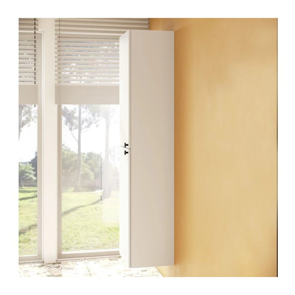 Modern white bathroom cabinet mounted on a yellow wall with large windows and blinds, ideal for contemporary bathroom storage and organisation.