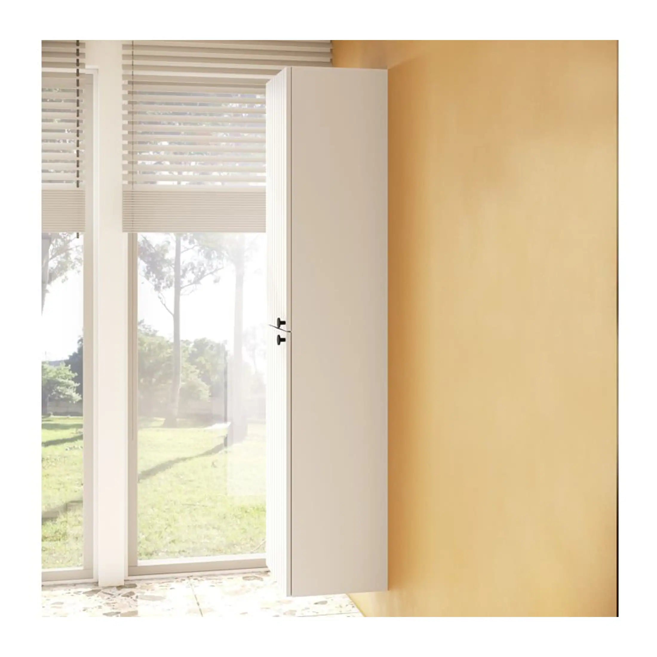Modern white bathroom cabinet mounted on a yellow wall with large windows and blinds, ideal for contemporary bathroom storage and organisation.