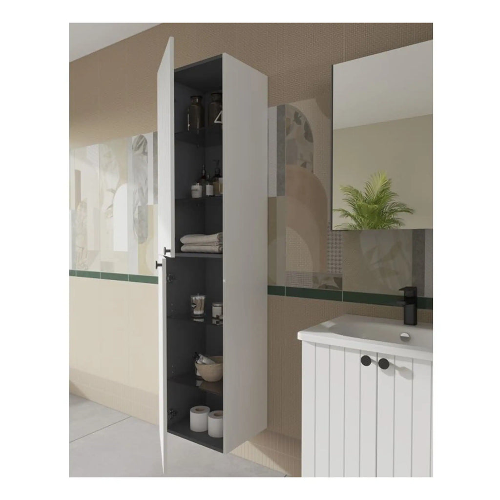 Stylish bathroom storage cabinet with black interior, open shelves for towels and toiletries, complemented by a contemporary white bathroom vanity with black faucet and a large mirror, creating a modern and functional bathroom space focused on organisation and design.