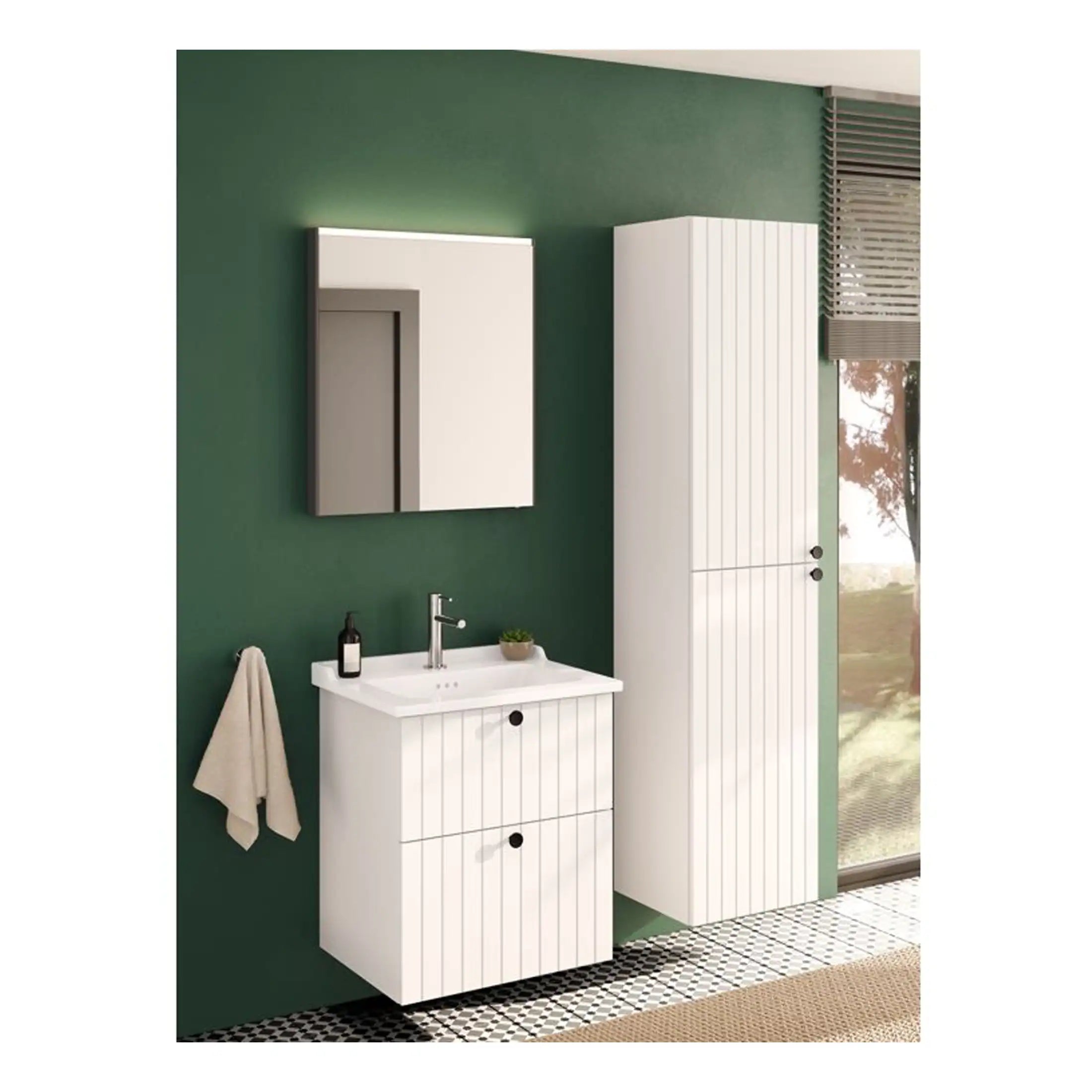 Sleek white bathroom vanity unit with modern vertical panel design, matching tall storage cabinet, and contemporary mirror over a stylish green wall, perfect for contemporary bathroom decor.