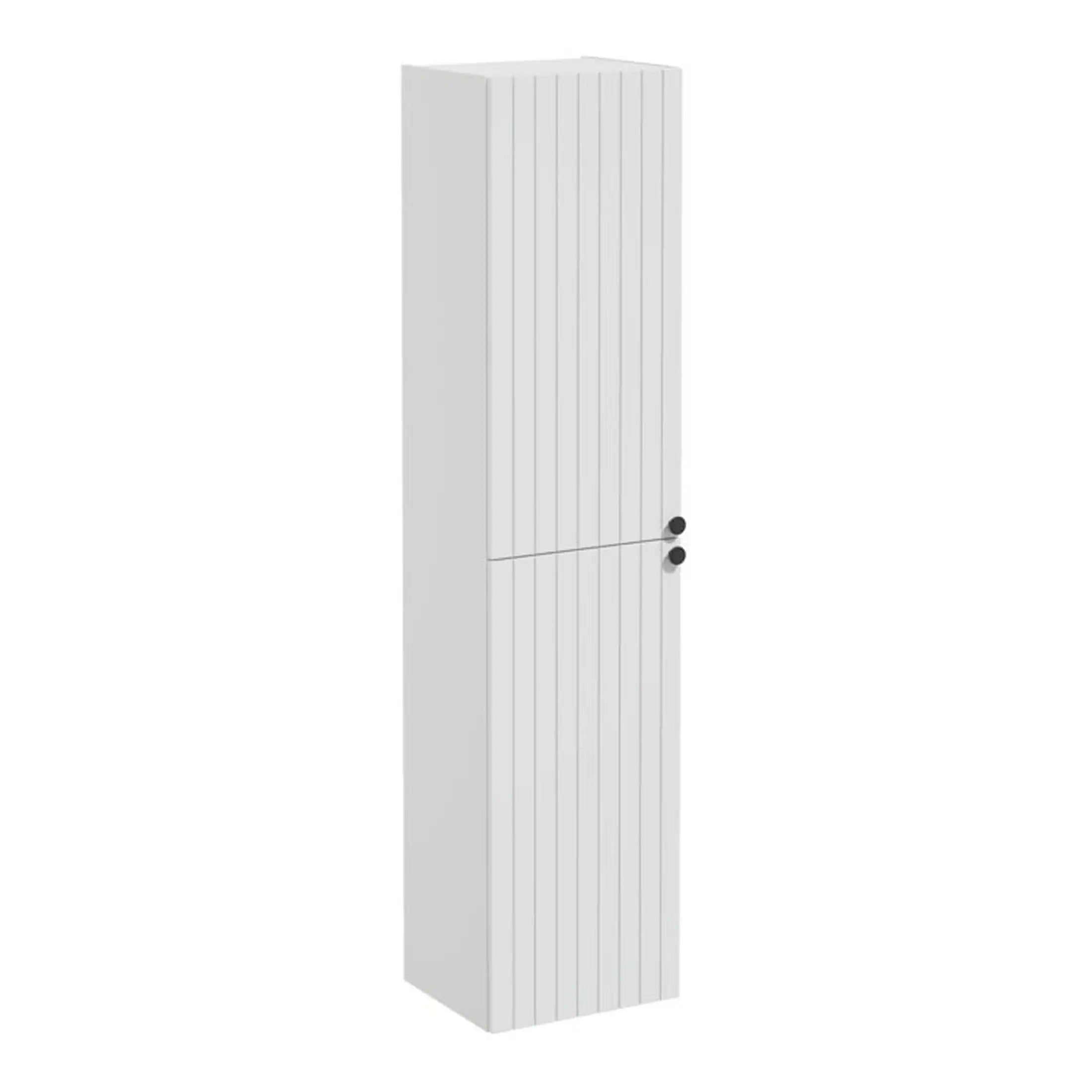 Sliding bathroom storage cabinet in white with vertical panel design and black handles, ideal for space-saving bathroom organisation.