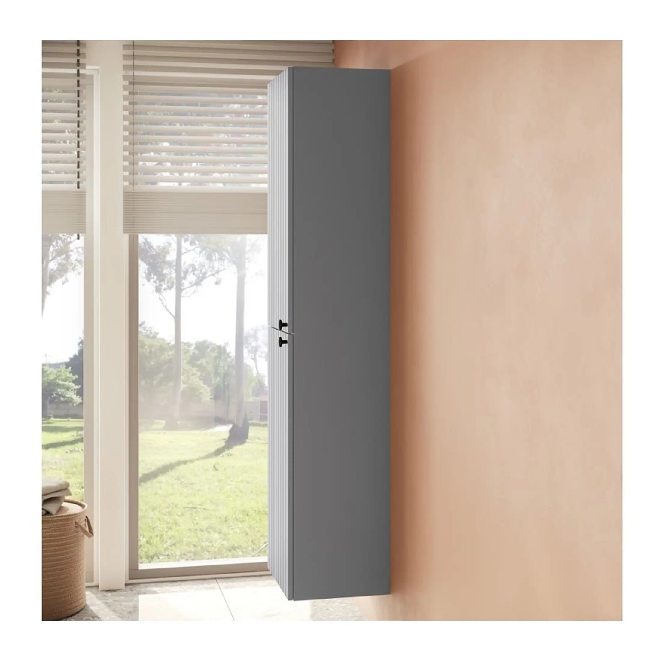 Contemporary grey bathroom storage cabinet with sleek design, ideal for bathroom organisation, positioned near large windows and natural light.