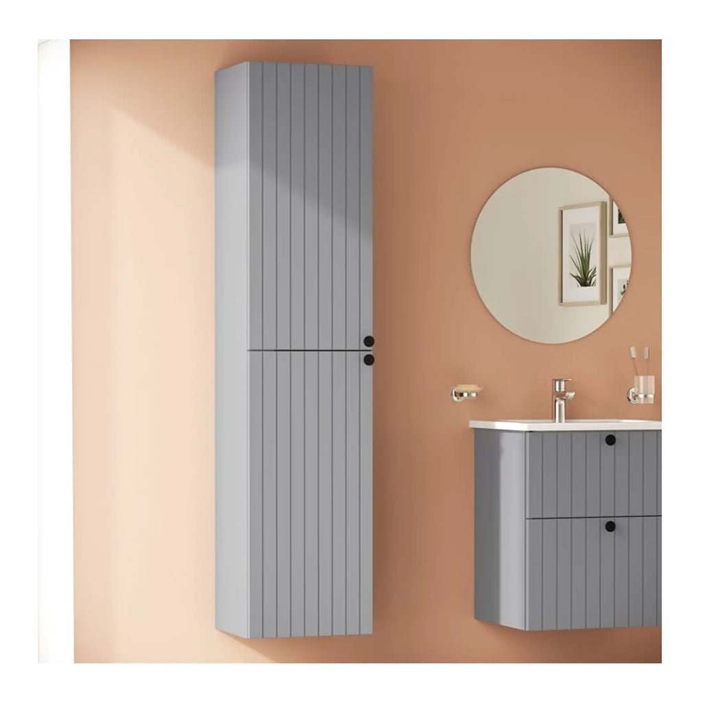 Modern grey bathroom cabinets with vertical slats, including a tall storage cupboard and a vanity unit with mirror, perfect for contemporary bathroom storage solutions.