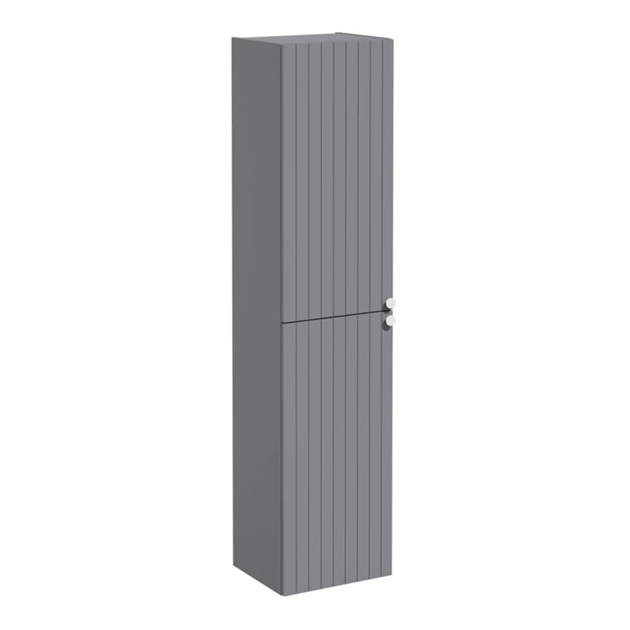 Modern grey bathroom storage cabinet with vertical panel design and white knobs. Perfect for bathroom organisation and decor. Compact and stylish for a contemporary bathroom space.