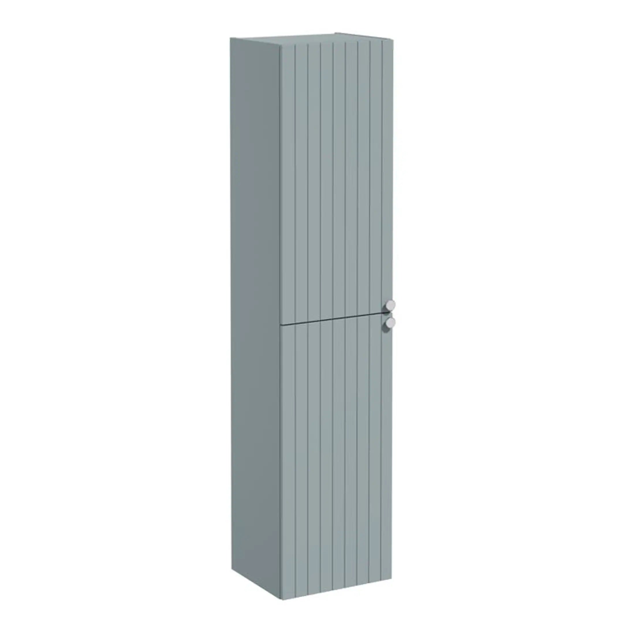 Modern grey wooden bathroom storage cabinet with vertical slats and double doors, ideal for organising bathroom essentials and towels.