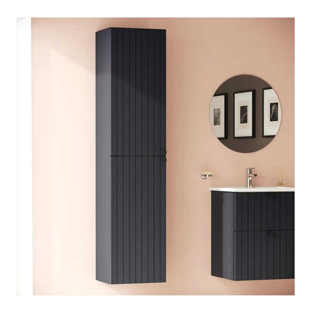 Sleek black bathroom cabinets with vertical slat design, wall-mounted tall storage and vanity unit, modern round mirror, and minimalist fixtures, ideal for contemporary Bubly bathroom interiors.