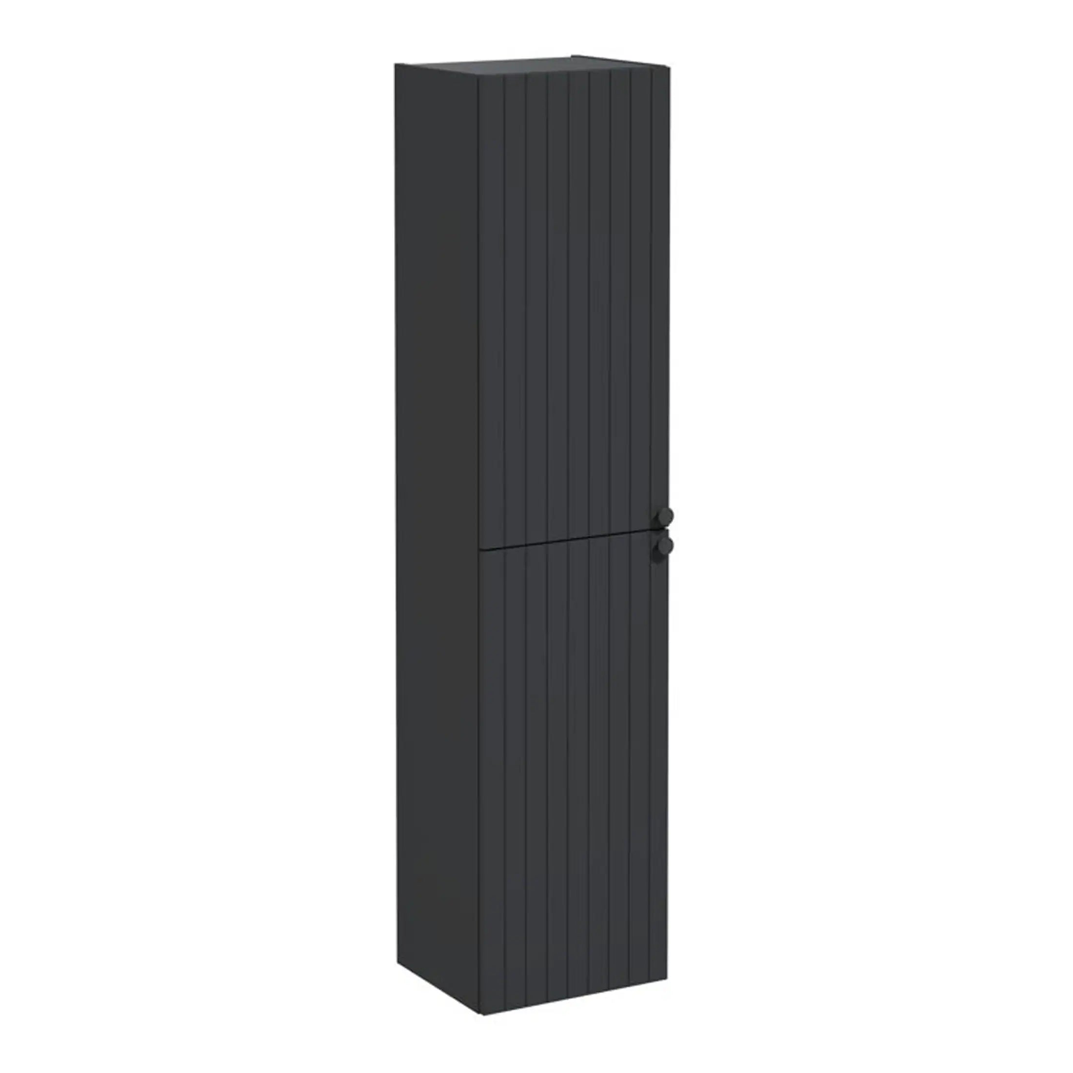 Sleek black tall bathroom storage cabinet with vertical slat design, ideal for modern bathrooms, providing ample space for toiletries and accessories.